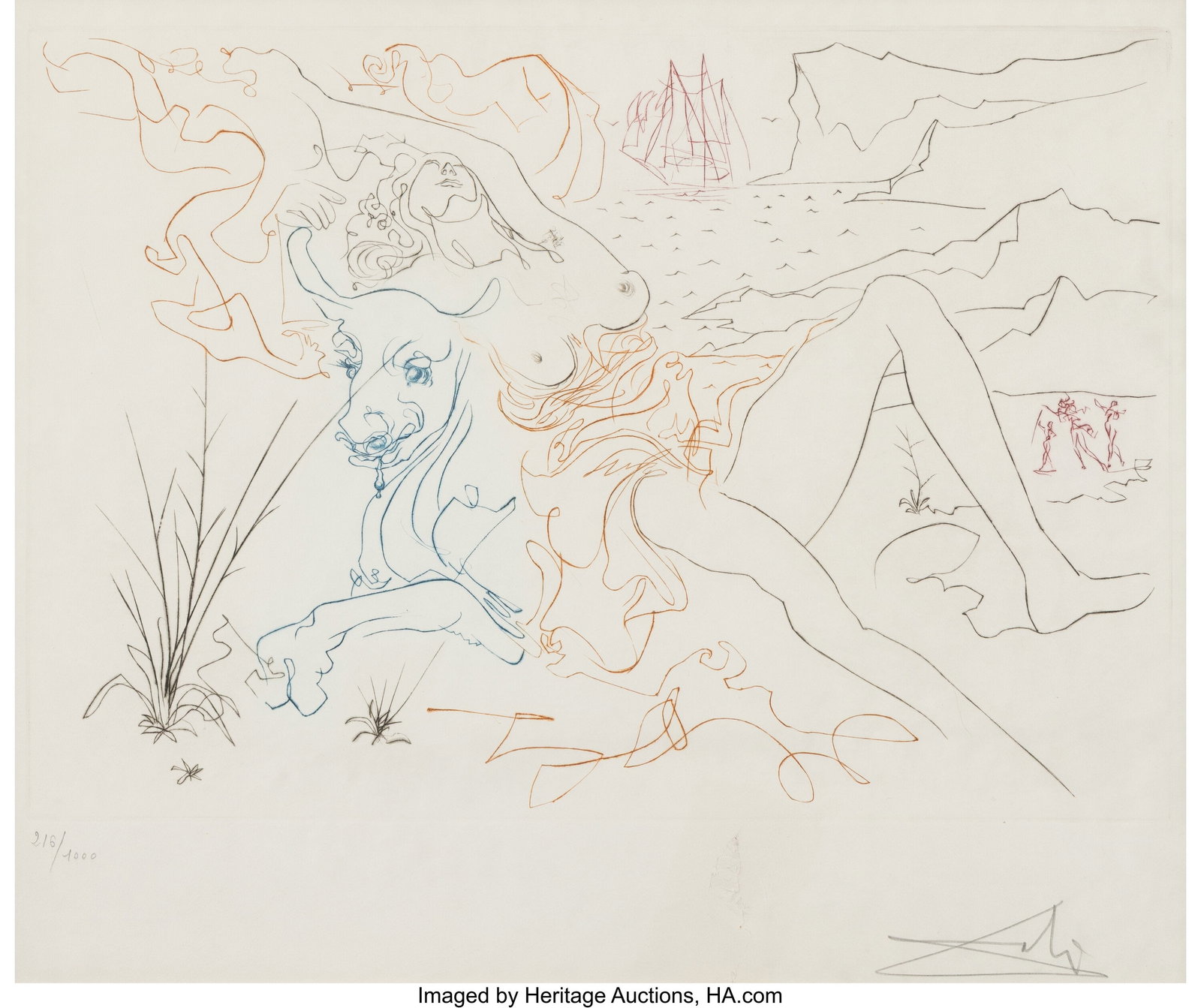Salvador Dalí (1904-1989) Europa and the Bull, : Salvador Dalí (1904-1989) Europa and the Bull, from Famous Loves, 1972 Engraving in colors on wove paper 12 x 18-1/2 inches (30.5 x 47.0 cm) &l