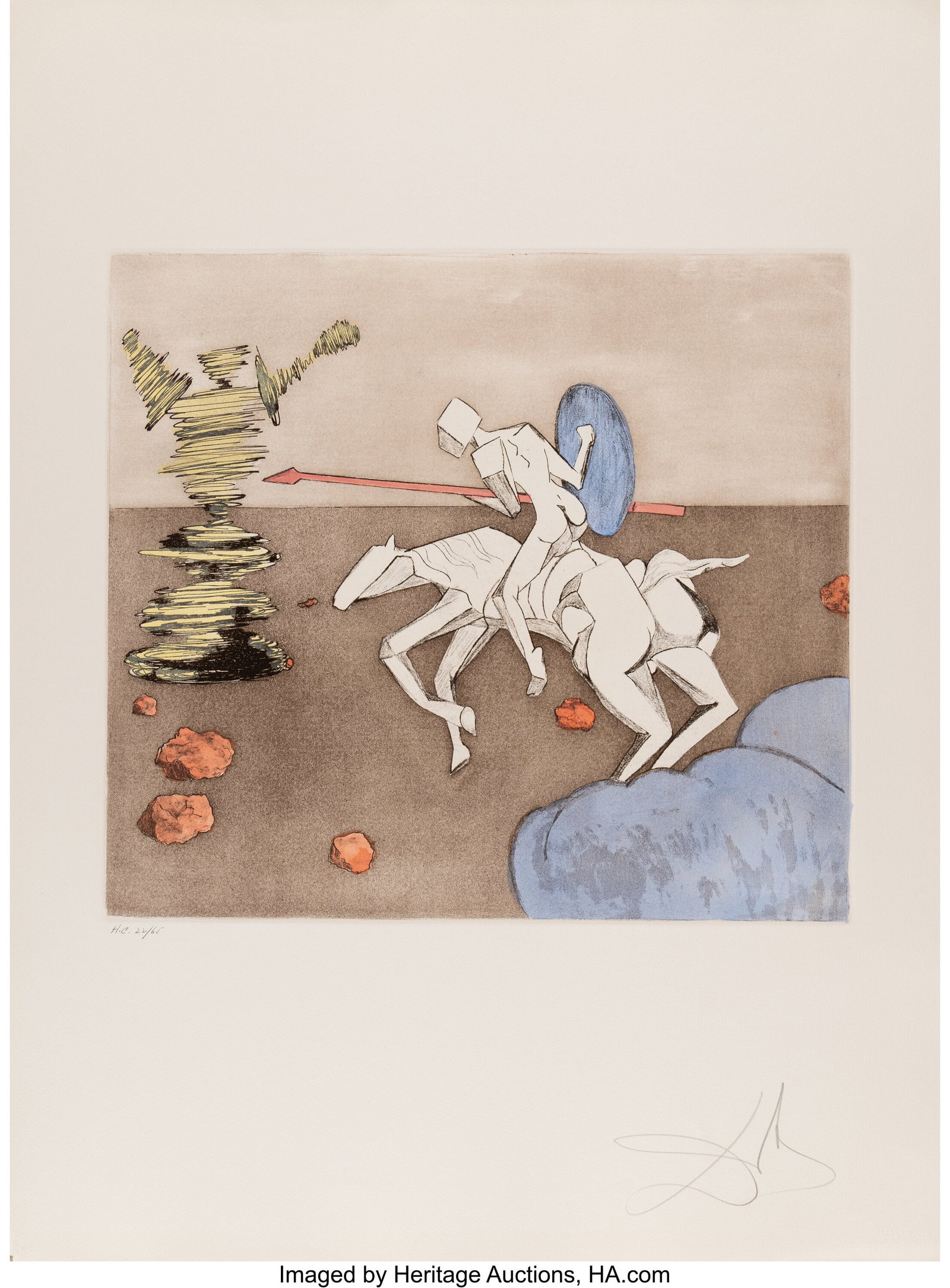 Salvador Dalí (1904-1989) The Quest, from Histo: Salvador Dalí (1904-1989) The Quest, from Historia de Don Quichotte de la Mancha, 1980 Etching and aquatint in colors on Arches paper 30 x 22-1/4 inches (76&perio
