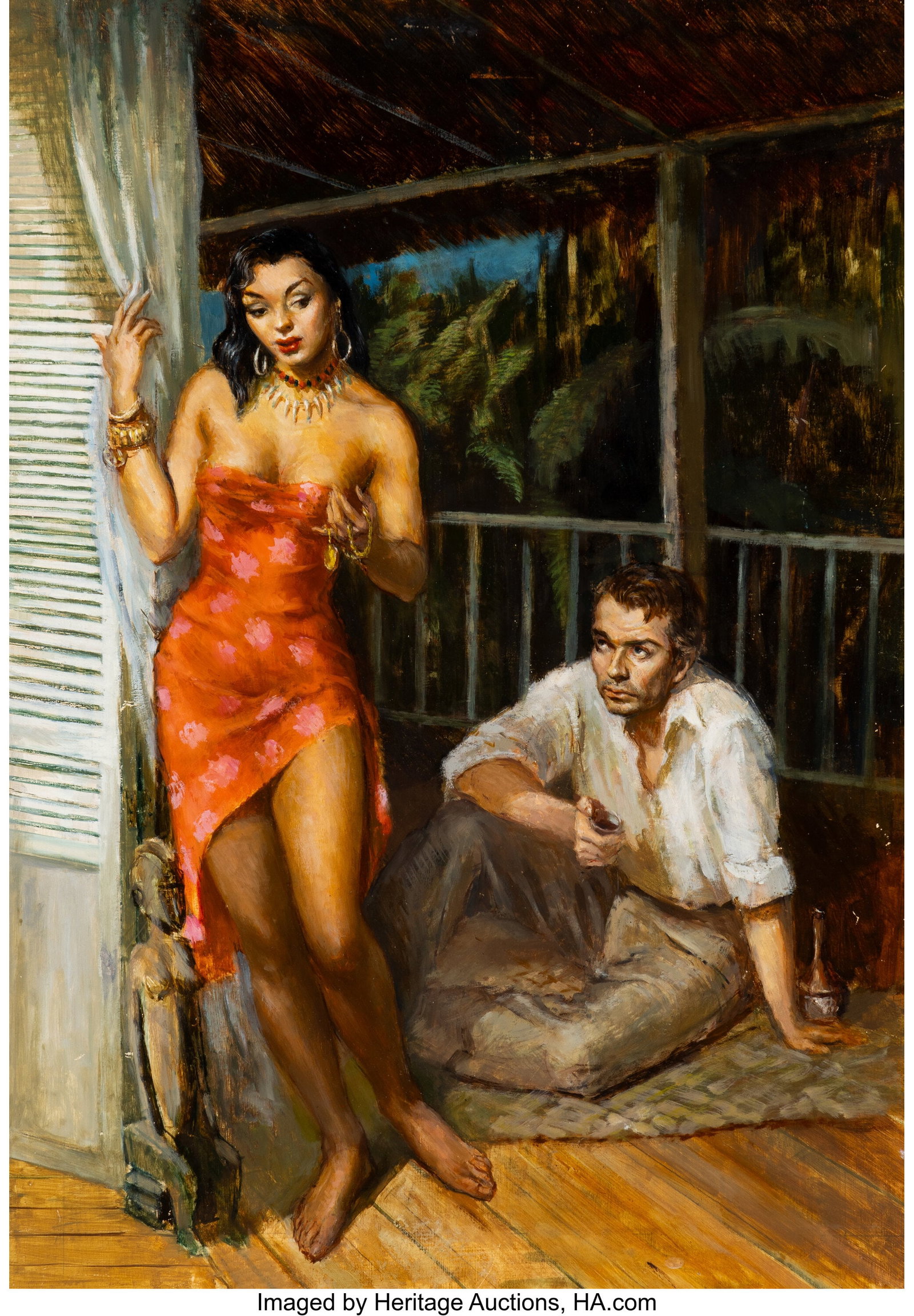 Julian Paul (American, b. 1921) African Mistress: Julian Paul (American, b. 1921) African Mistress paperback cover, 1953 Oil on board 21 x 14-1/2 inches (53.3 x 36.8 cm) (sight) Not s
