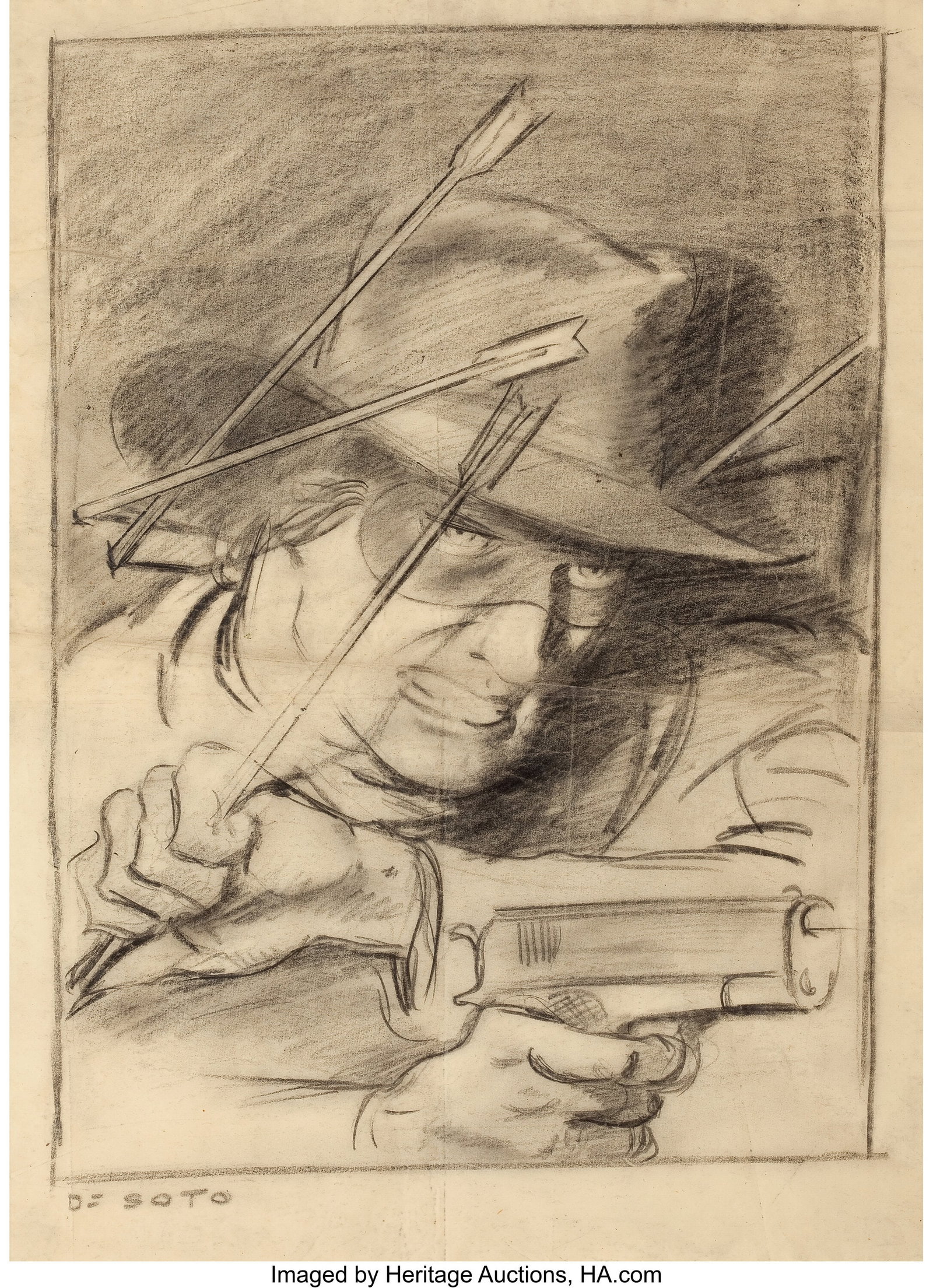 Rafael De Soto (American, 1904-1992) The Spider : Rafael De Soto (American, 1904-1992) The Spider pulp magazine cover study, November 1941 Pencil and conte crayon on tracing paper 14 x 10 inches (35.6 x 25.4 c