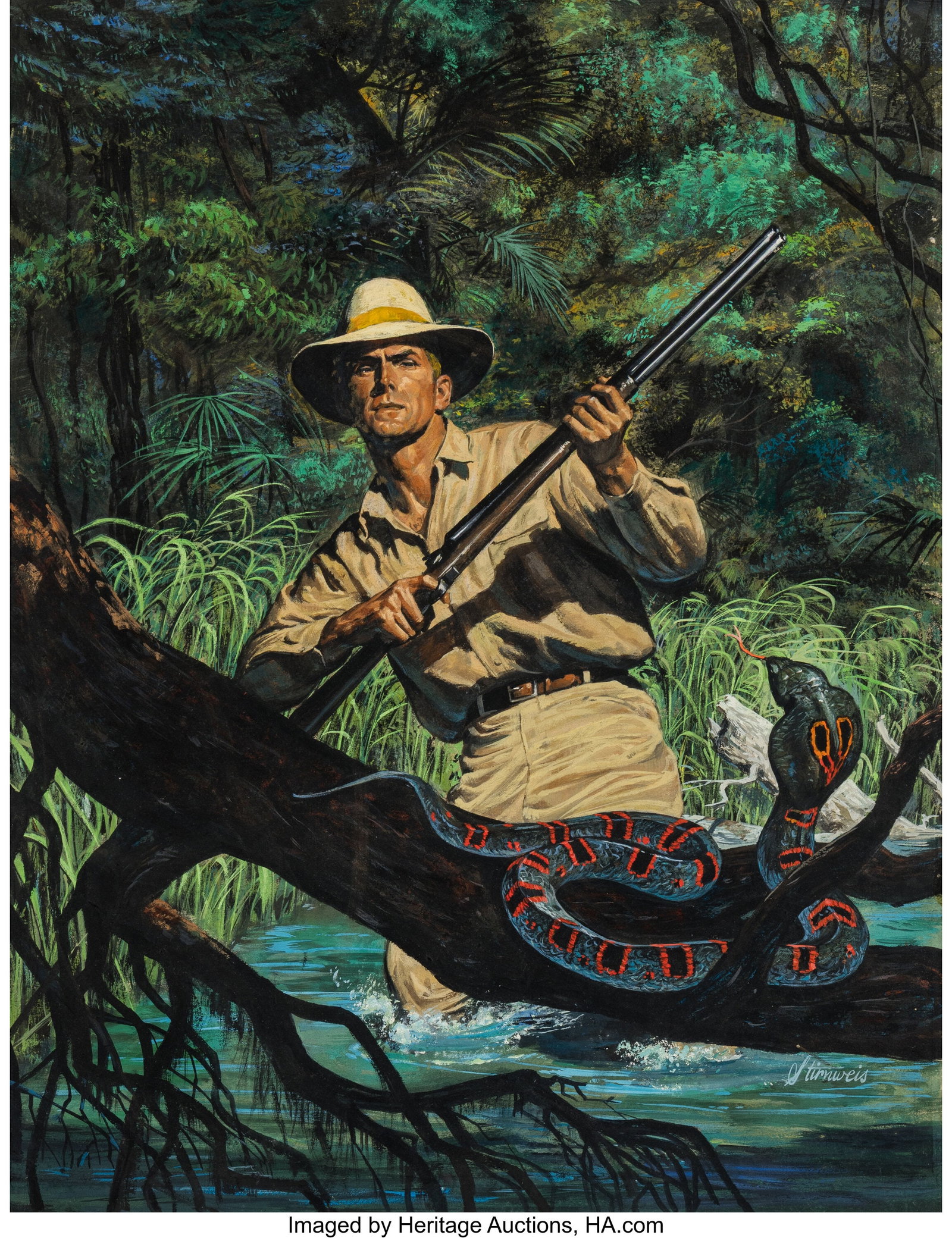 Shannon Stirnweis (American, b. 1931) Jungle Enc: Shannon Stirnweis (American, b. 1931) Jungle Encounters Gouache on board 23 x 20 inches (58.4 x 50.8 cm) Signed lower right: Stirnweis HID031010620
