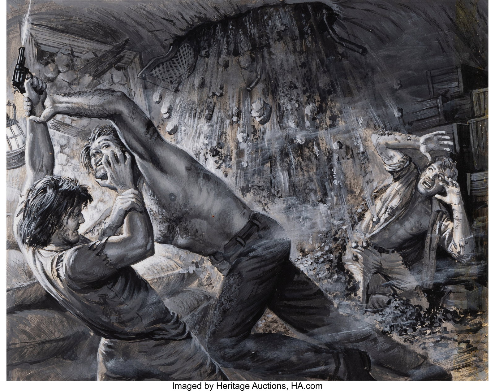 Samson Pollen (American, 20th Century) Conflict : Samson Pollen (American, 20th Century) Conflict of Collapse!, Action for Men magazine interior Gouache on board 20 x 28-1/2 inches (50.8 x 72.4 cm&rpa