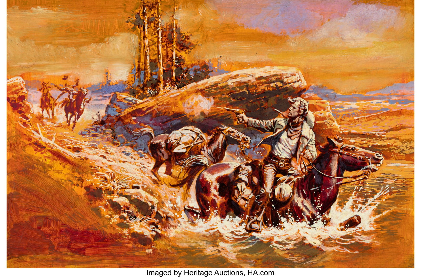 Luis Dominguez (Argentinian/American, b. 1923) R: Luis Dominguez (Argentinian/American, b. 1923) River Riding Gun Slinger Gouache on paper 12 x 17-1/2 inches (30.5 x 44.5 cm) (sheet) No