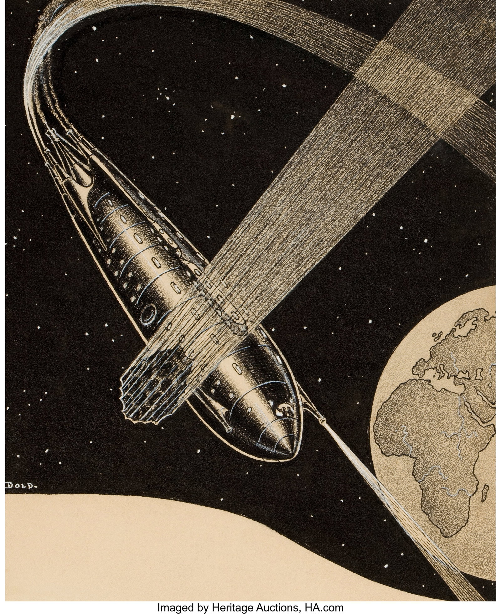 Elliot Dold (American, 1892-1957) Science Fictio: Elliot Dold (American, 1892-1957) Science Fiction pulp magazine interior Ink and gouache on board 9-1/2 x 8 inches (24.1 x 20.3 cm) (sight) Signed