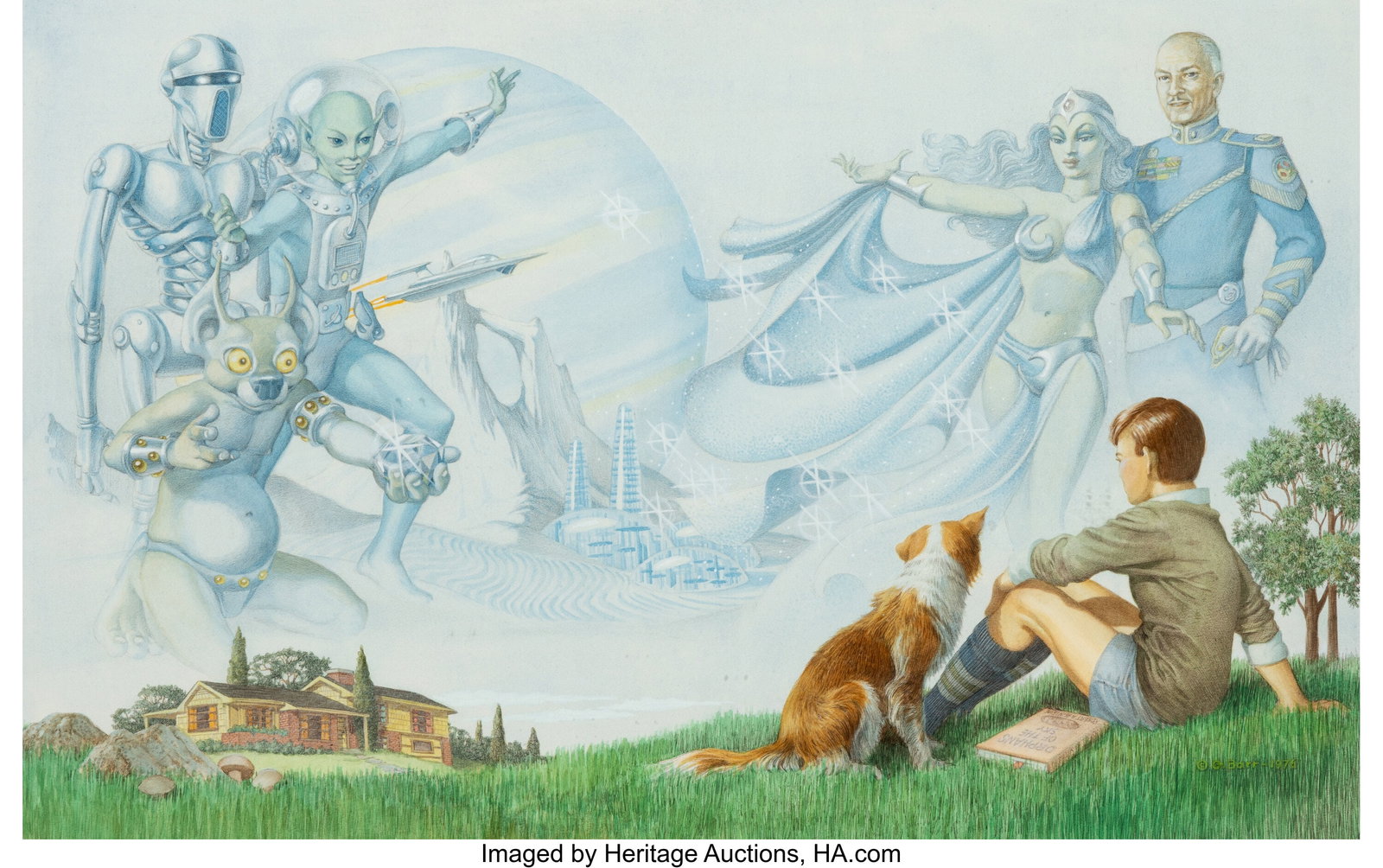George Barr (American, 1937-2025) A Sense of Won: George Barr (American, 1937-2025) A Sense of Wonder, World Science Fiction Convention program book cover, 1976 Mixed media on board 14 x 21 inches (35.6 x 53&pe