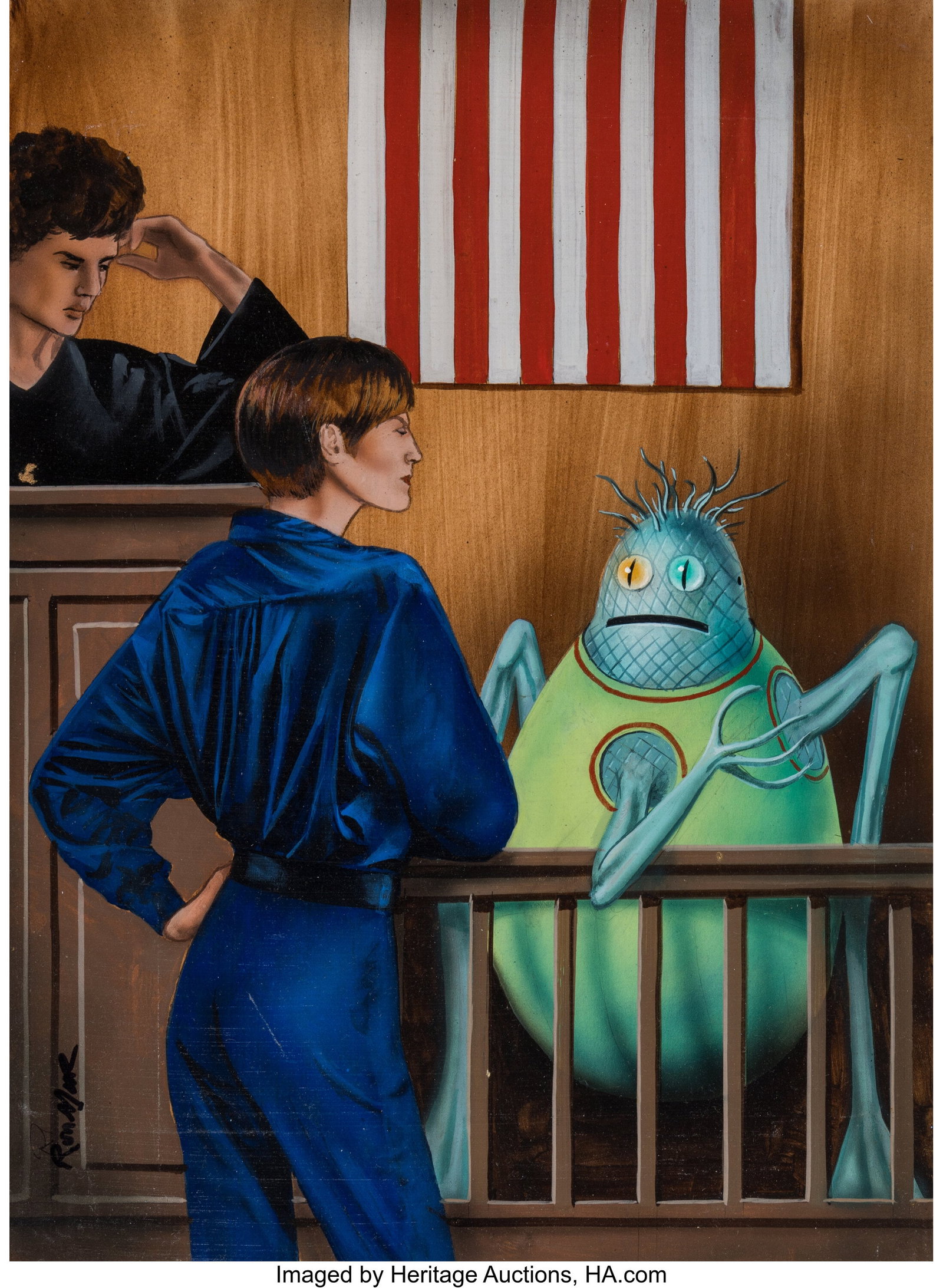 Ron Miller (American, b. 1947) Illegal Alien boo: Ron Miller (American, b. 1947) Illegal Alien book frontispiece, 1997 Acrylic on board 20 x 15 inches (50.8 x 38.1 cm) Signed lower left: Ron 