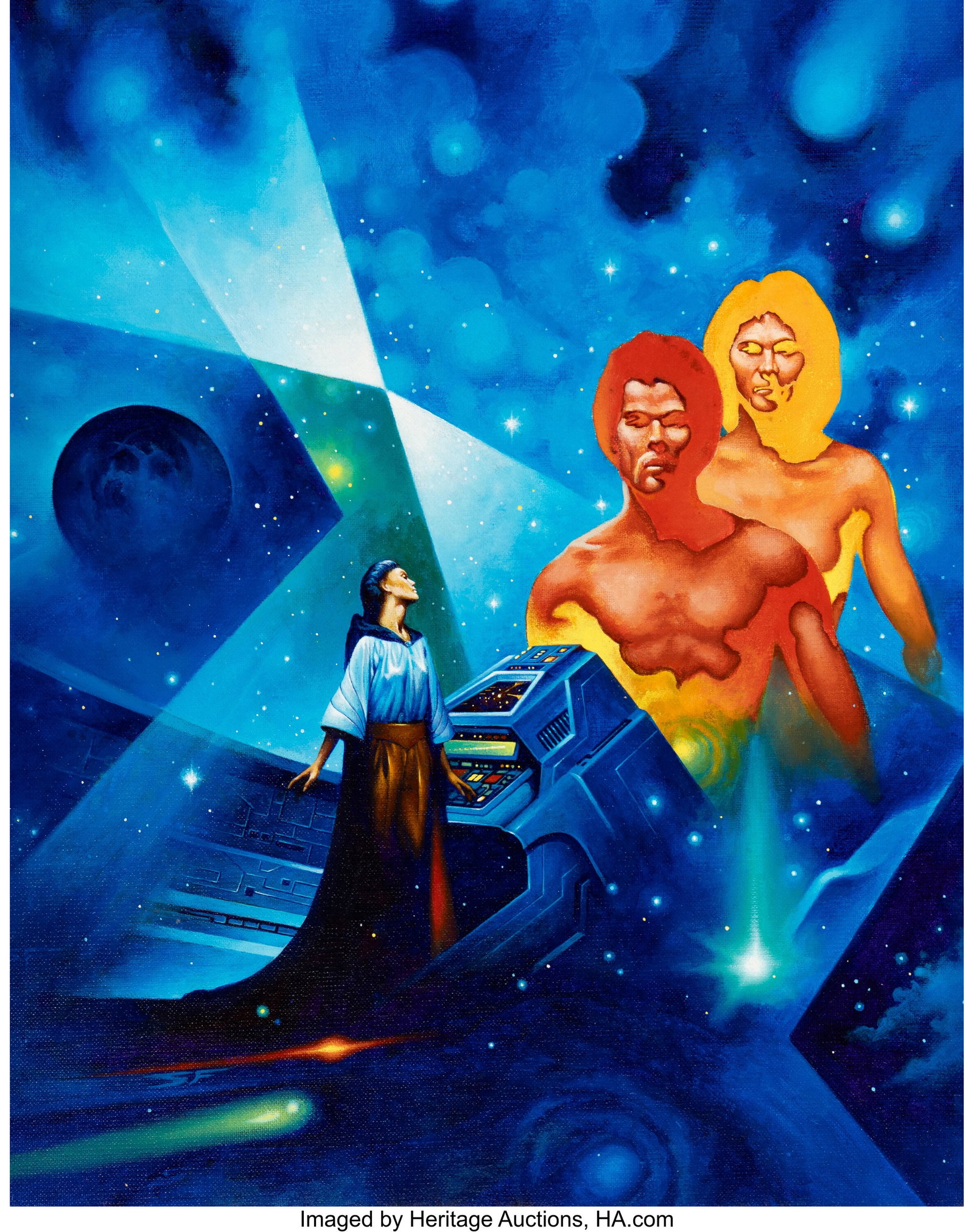 Stephen Fabian (American, 1930-2025) Superlumina: Stephen Fabian (American, 1930-2025) Superluminal paperback cover, 1983 Acrylic on canvas board 24 x 20 inches (61.0 x 50.8 cm) Initialed lower right&colo