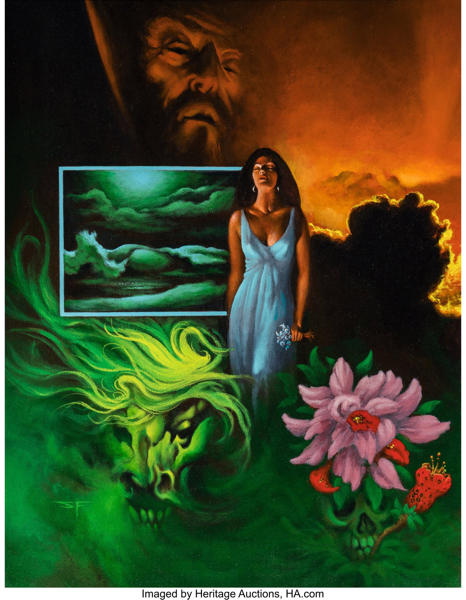 Stephen Fabian (American, 1930-2025) The Green P: Stephen Fabian (American, 1930-2025) The Green Pearl book cover, 1985 Acrylic on canvasboard 18 x 14 inches (45.7 x 35.6 cm) Initialed lower left: S
