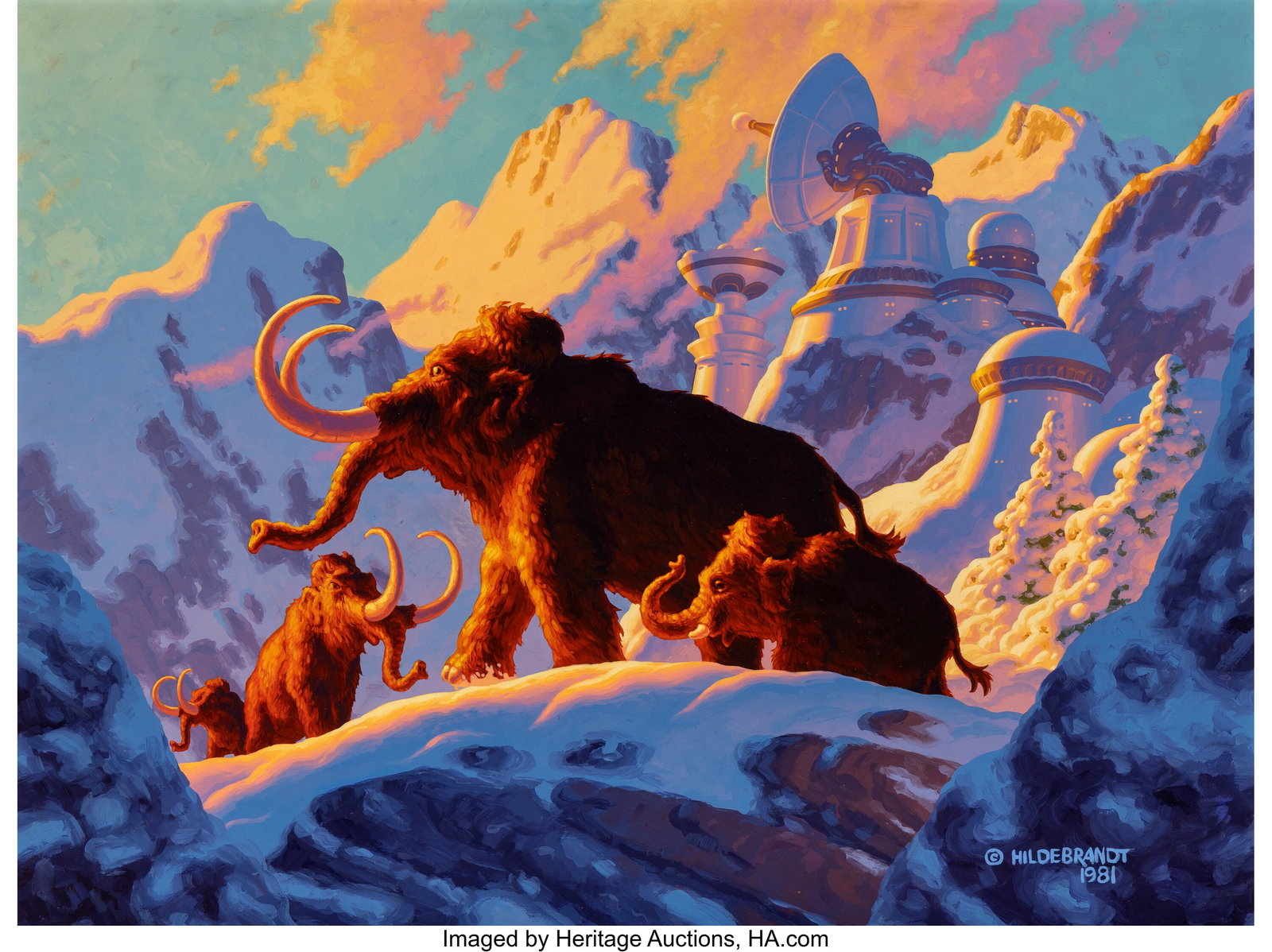 Greg and Tim Hildebrandt (American, 20th Century: Greg and Tim Hildebrandt (American, 20th Century) Mammoths of Atlantis, 1982 Acrylic on panel 25 x 33 inches (63.5 x 83.8 cm) Signed and dated lower right
