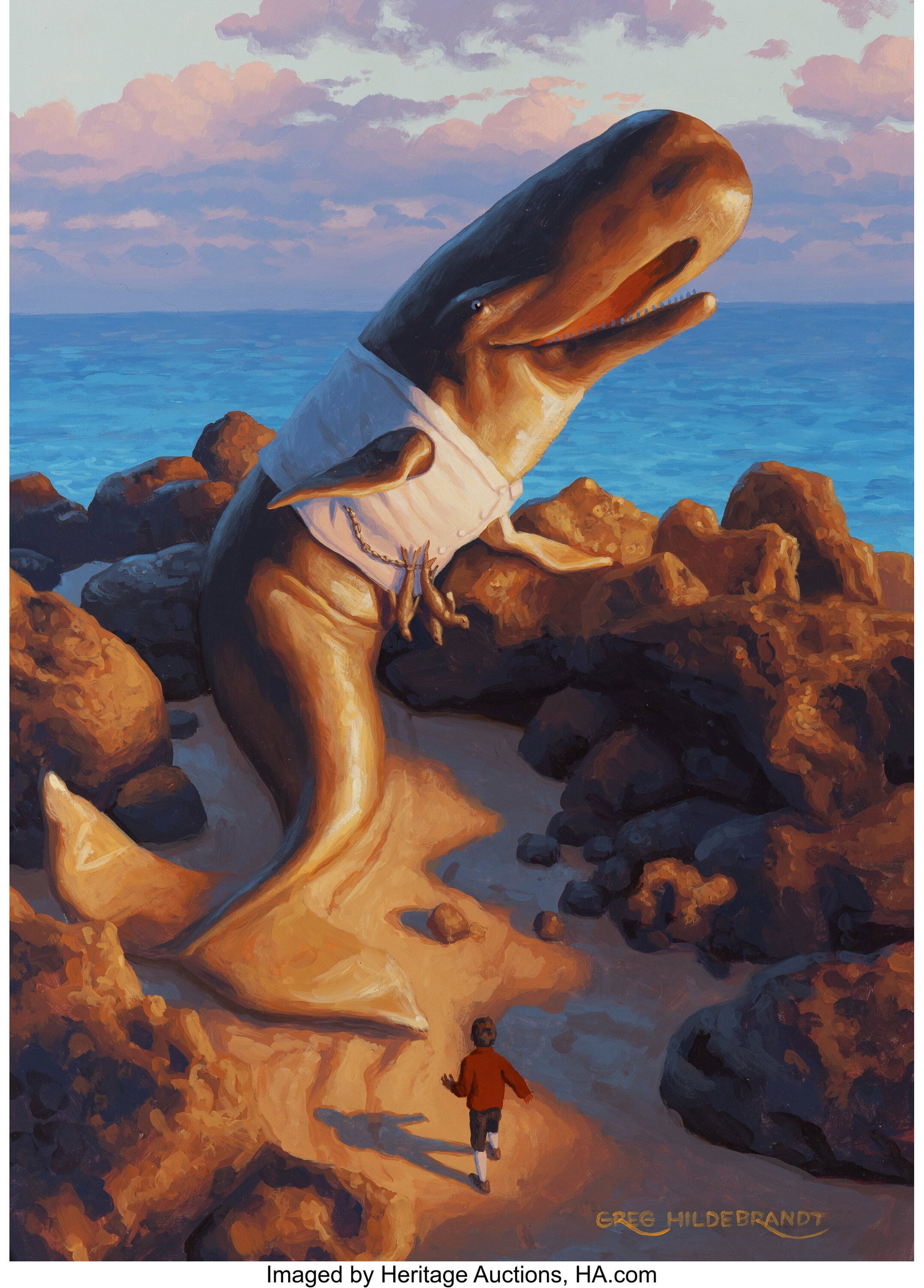 Greg Hildebrandt (American, 1939-2024) Whale in : Greg Hildebrandt (American, 1939-2024) Whale in a Waistcoat, Davy and the Goblin interior, 1988 Acrylic on board 21 x 15-1/2 inches (53.3 x 39.4 cm&r