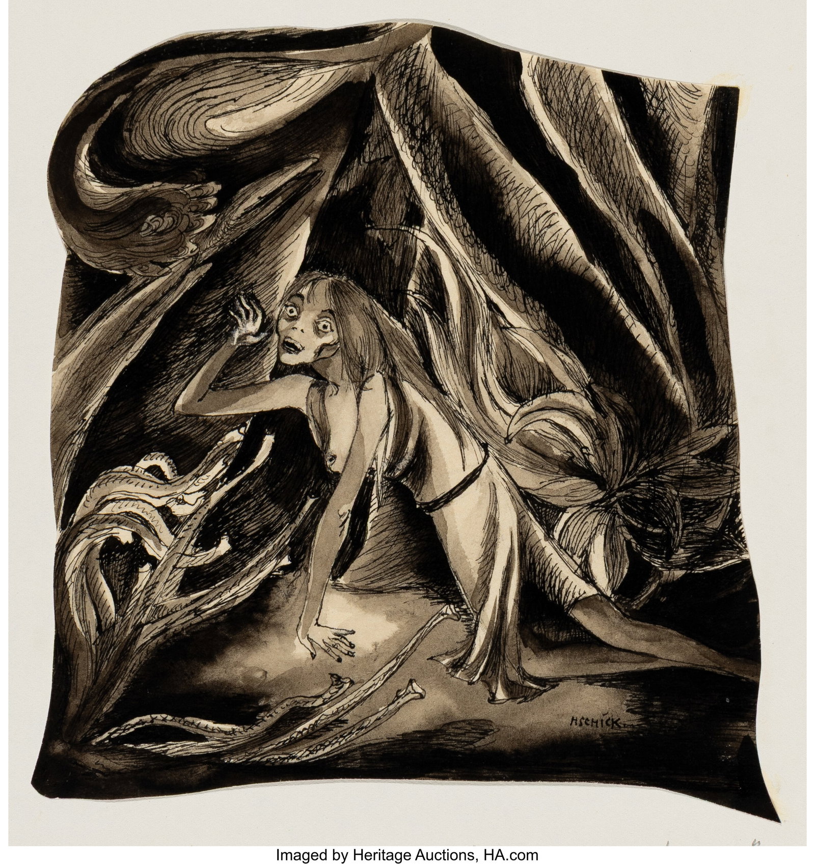 Hedi Schick (British, 1906-1999) Darya in the Ju: Hedi Schick (British, 1906-1999) Darya in the Jungle Ink and wash on paper laid on paper 11-1/2 x 9 inches (29.2 x 22.9 cm) (sheet) Signed lower r