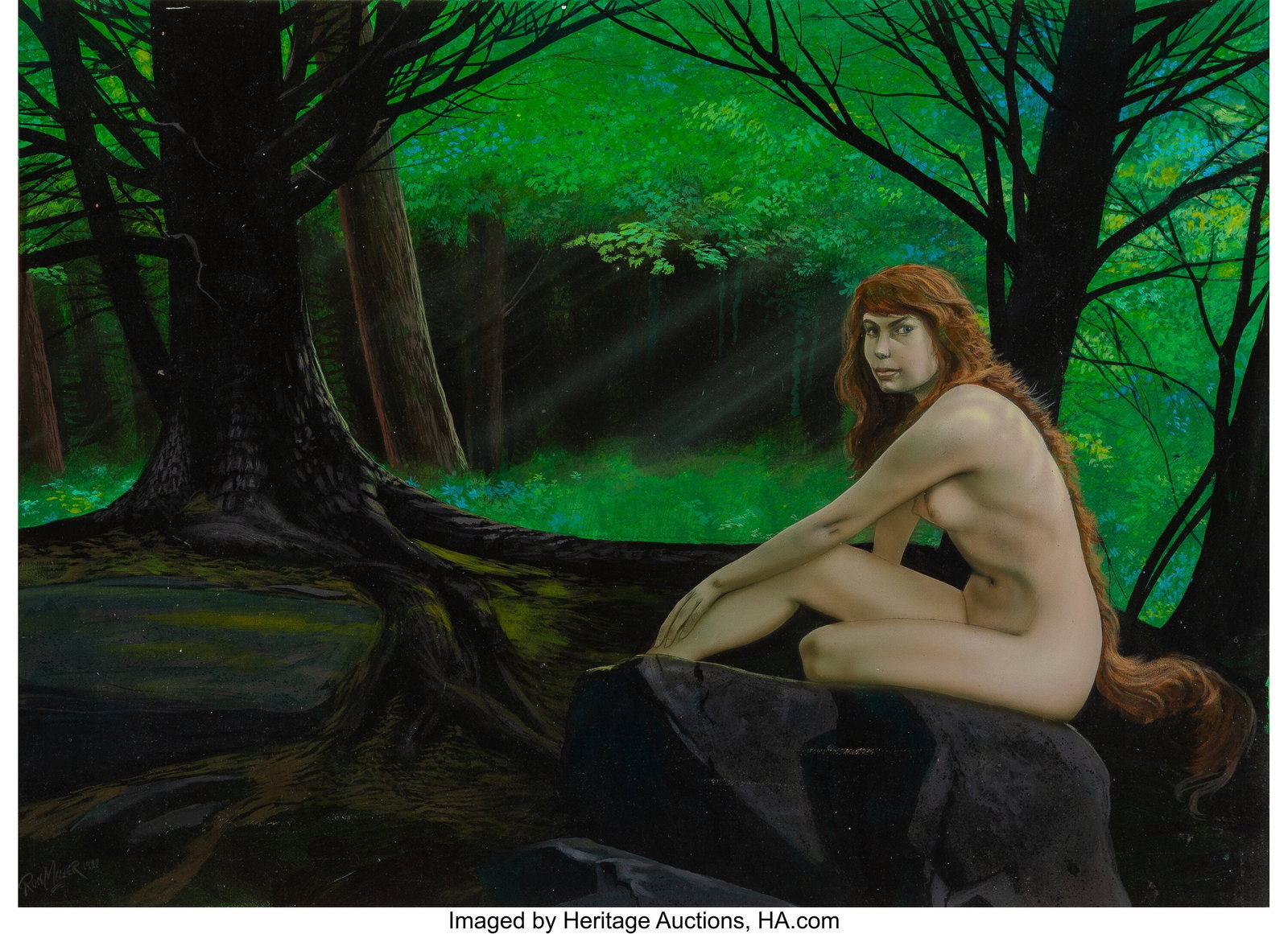 Ron Miller (American, b. 1947) R'Li, 1989 Acryli: Ron Miller (American, b. 1947) R'Li, 1989 Acrylic on board 20 x 27 inches (50.8 x 68.6 cm) Signed and dated lower left: Ron Miller 1989 The p