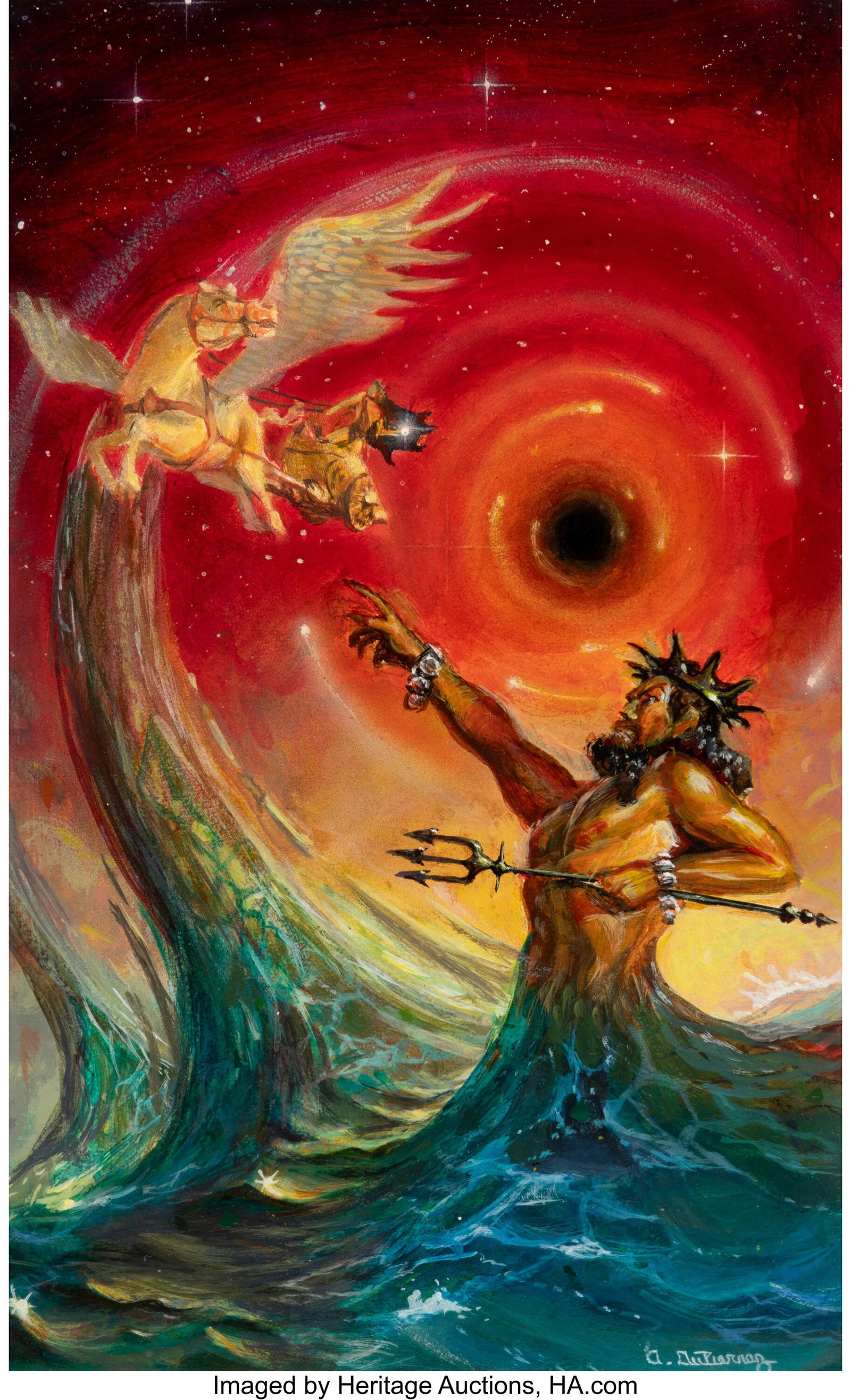 Alan Gutierrez (American, b. 1958) Poseidon & Ph: Alan Gutierrez (American, b. 1958) Poseidon & Phaethon, Fantasy Book magazine back cover study, August 1983 Acrylic on board 9-3/4 x 6 inches (24&period