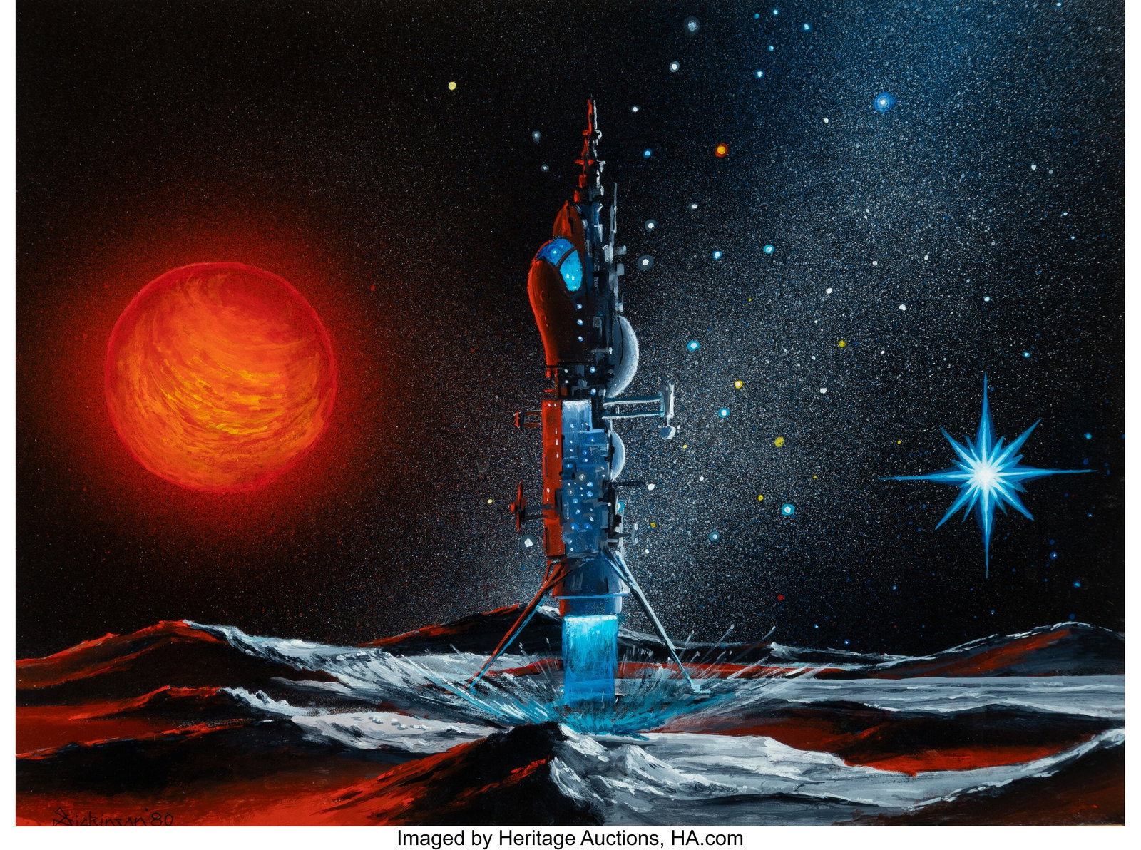 Dexter Dickinson (American, 20th Century) Alien : Dexter Dickinson (American, 20th Century) Alien Touchdown, 1980 Acrylic on board 9-1/4 x 12-1/4 inches (23.5 x 31.1 cm) Signed and dated lower lef