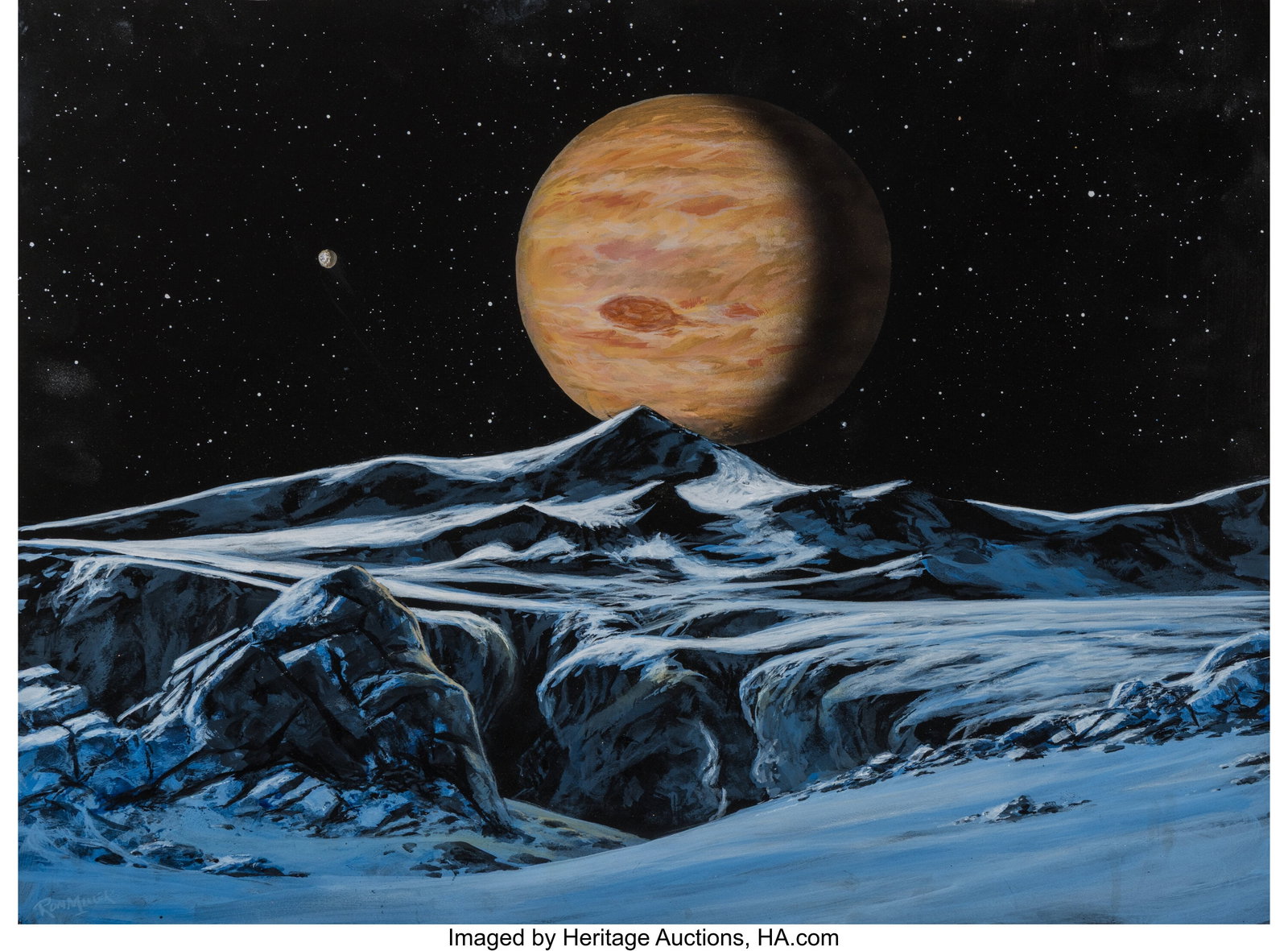 Ron Miller (American, b. 1947) Jupiter Seen From: Ron Miller (American, b. 1947) Jupiter Seen From Europa, 2024 Acrylic on board 15 x 20 inches (38.1 x 50.8 cm) Signed lower left: Ron Miller 