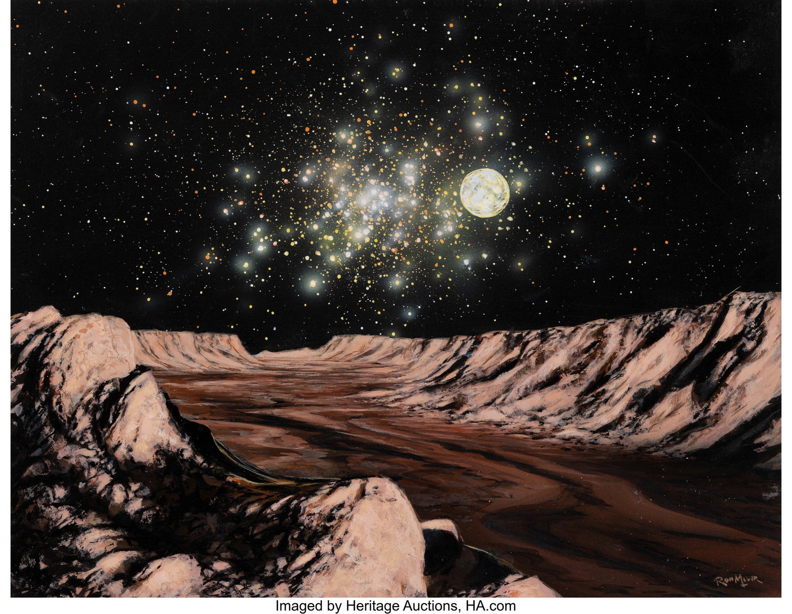 Ron Miller (American, b. 1947) Globular Cluster,: Ron Miller (American, b. 1947) Globular Cluster, 2024 Acrylic on board 12 x 15 inches (30.5 x 38.1 cm) Signed lower right: Ron Miller Signed&