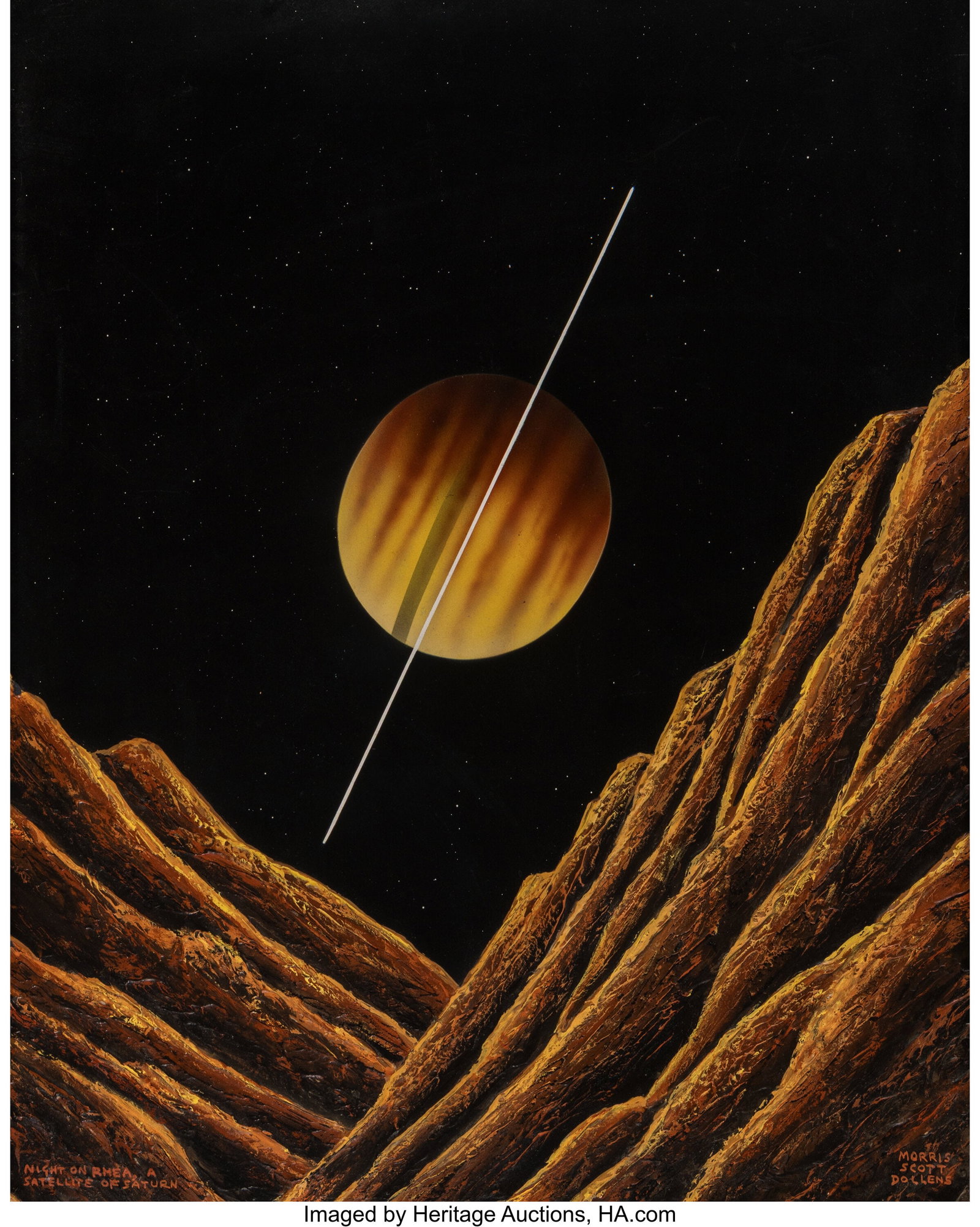 Morris Scott Dollens (American, 1920-1994) Night: Morris Scott Dollens (American, 1920-1994) Night on Rhea, A Satellite of Saturn Acrylic on Masonite 20 x 16 inches (50.8 x 40.6 cm) Signed and titled in l