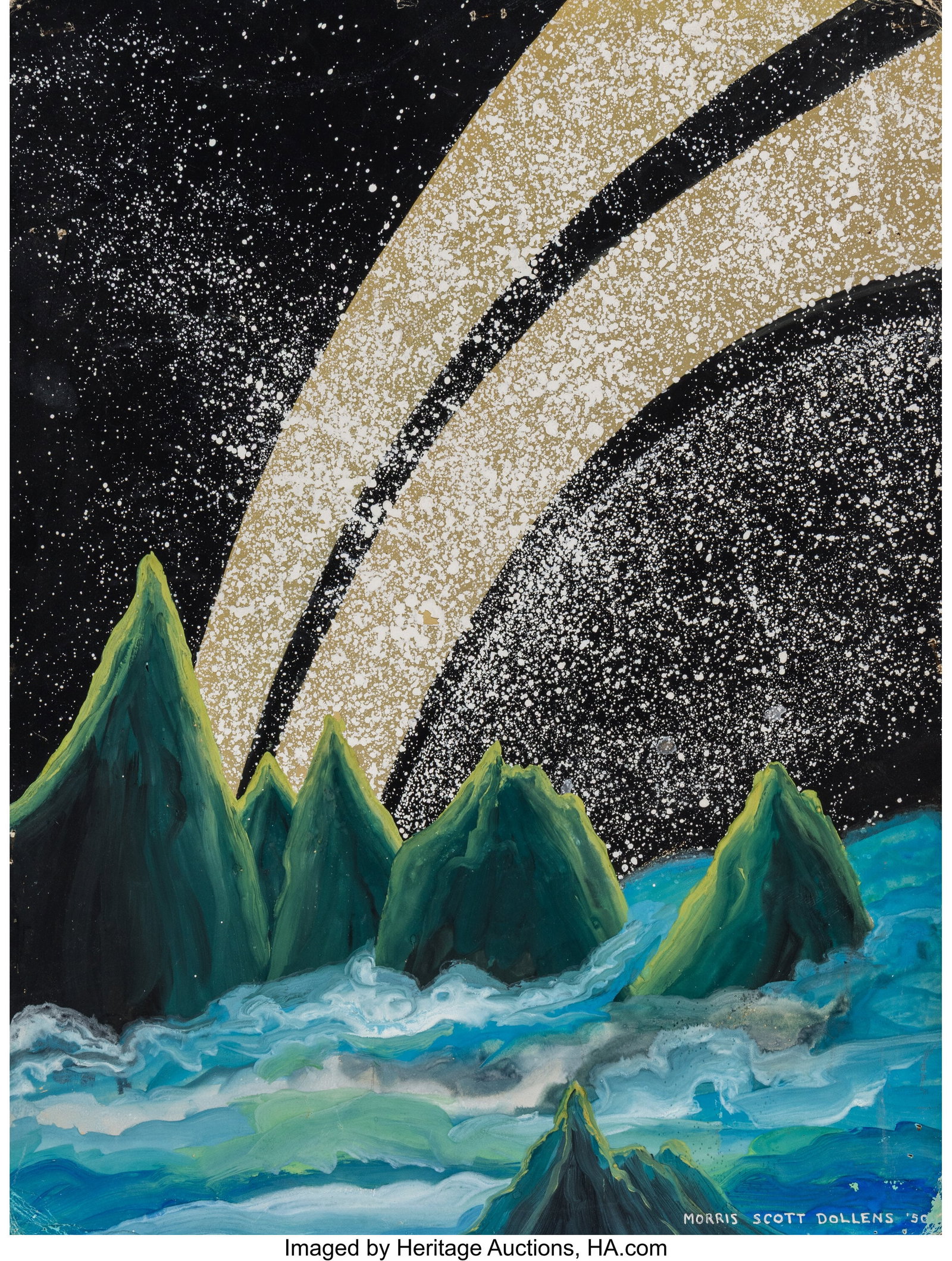 Morris Scott Dollens (American, 1920-1994) Jupit: Morris Scott Dollens (American, 1920-1994) Jupiter from Planet, 1950 Acrylic on board 20 x 15 inches (50.8 x 38.1 cm) Signed and dated lower right: 