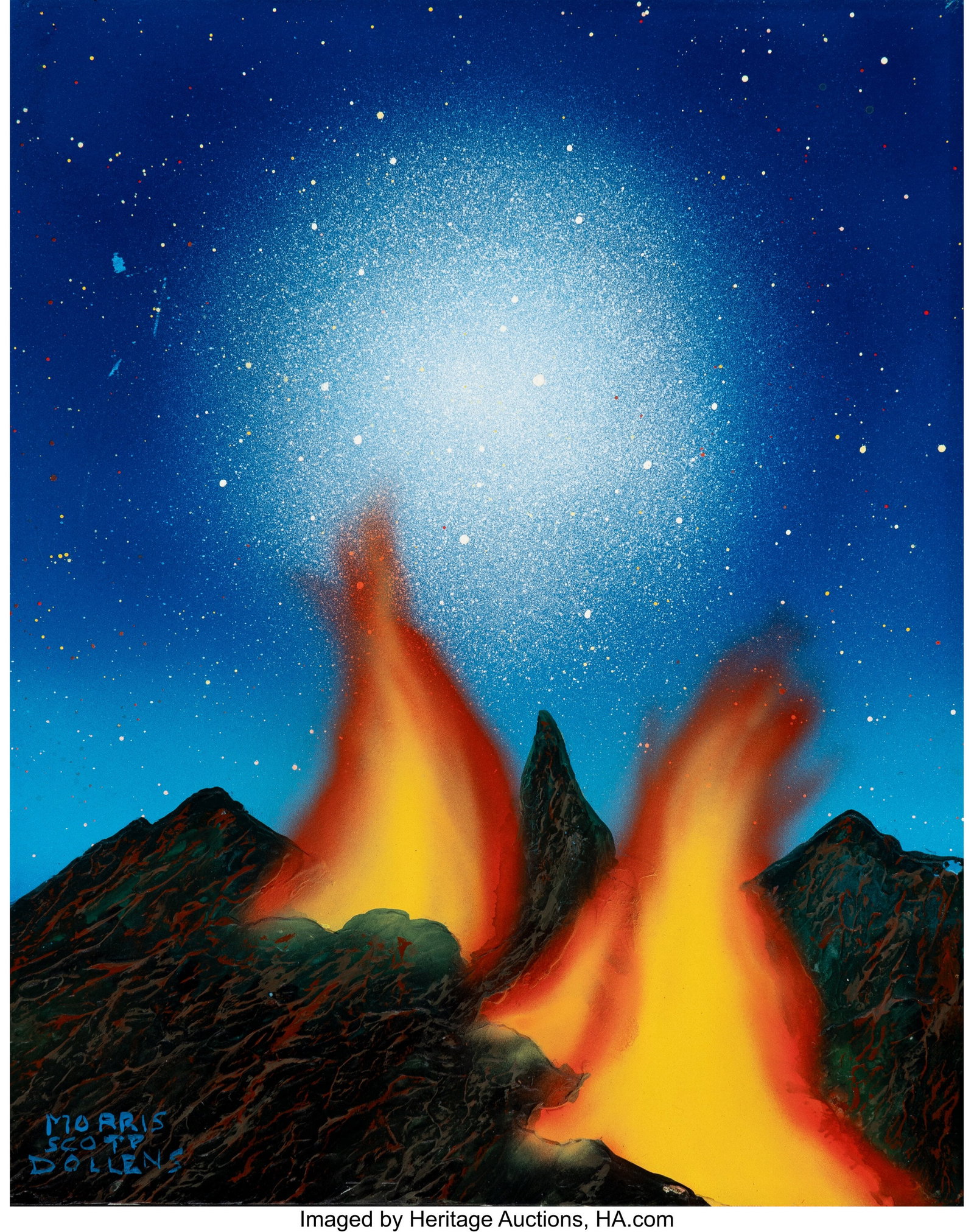 Morris Scott Dollens (American, 1920-1994) Dusk : Morris Scott Dollens (American, 1920-1994) Dusk on Flames in Voluman Casein on board 10 x 8 inches (25.4 x 20.3 cm) Signed lower left: Morris Scott Dollen