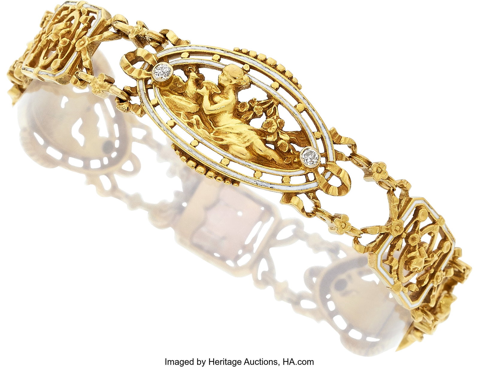 Art Nouveau Diamond, Gold Bracelet, French Ston: Art Nouveau Diamond, Gold Bracelet, French Stones: European-cut diamonds weighing a total of approximately 0.25 carat Element: Enamel Metal: 18k gold Marked: