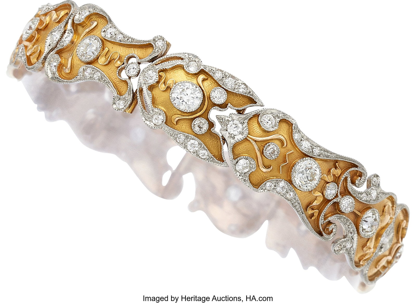 Antique Diamond, Platinum-Topped Gold Bracelet : Antique Diamond, Platinum-Topped Gold Bracelet Stones: European and single-cut diamonds weighing a total of approximately 4.00 carats Metal: Platinum-topped 14k gold Gross Wei