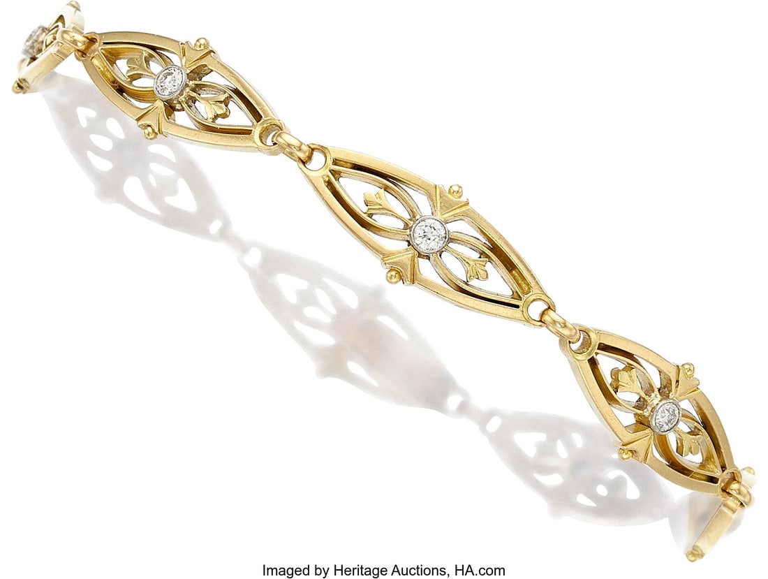 Antique Diamond, Gold Bracelet, French Stones: : Antique Diamond, Gold Bracelet, French Stones: European and transitional-cut diamonds weighing a total of approximately 0.40 carat Metal: 18k and 14k gold Marked: 