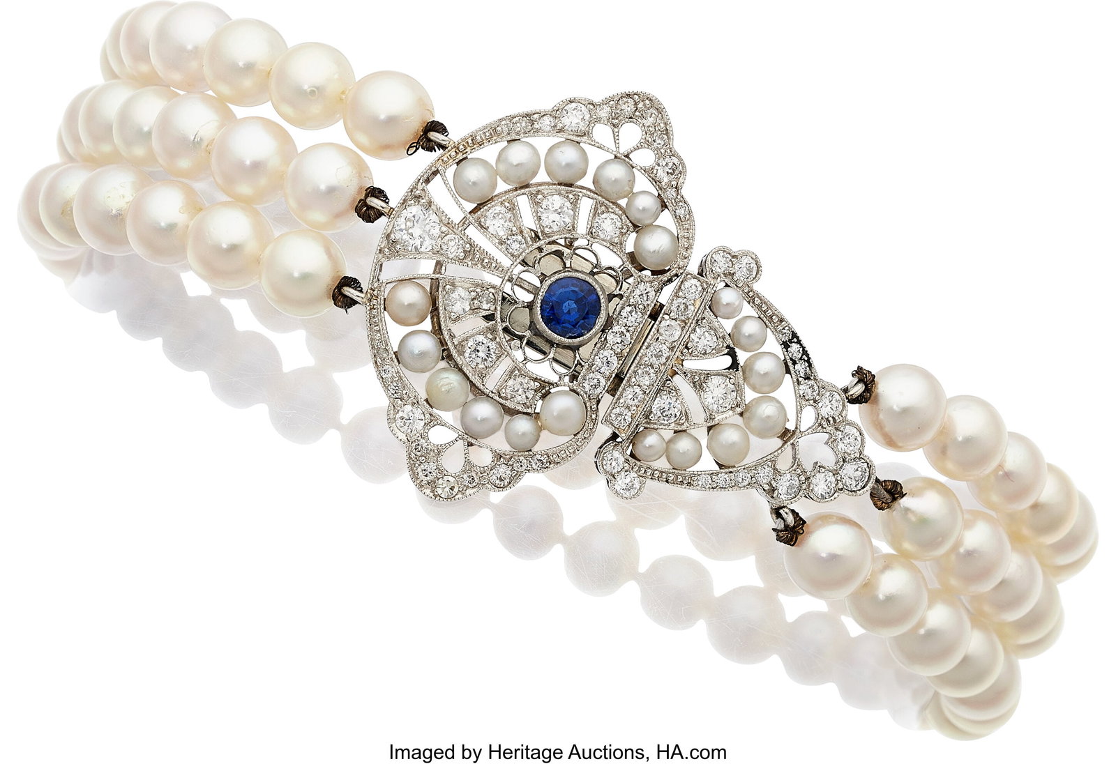 Cultured Pearl, Diamond, Sapphire, Platinum Brac: Cultured Pearl, Diamond, Sapphire, Platinum Bracelet Stones: Full-cut diamonds weighing a total of approximately 1.40 carats; round-shaped sapphire weighing approxi