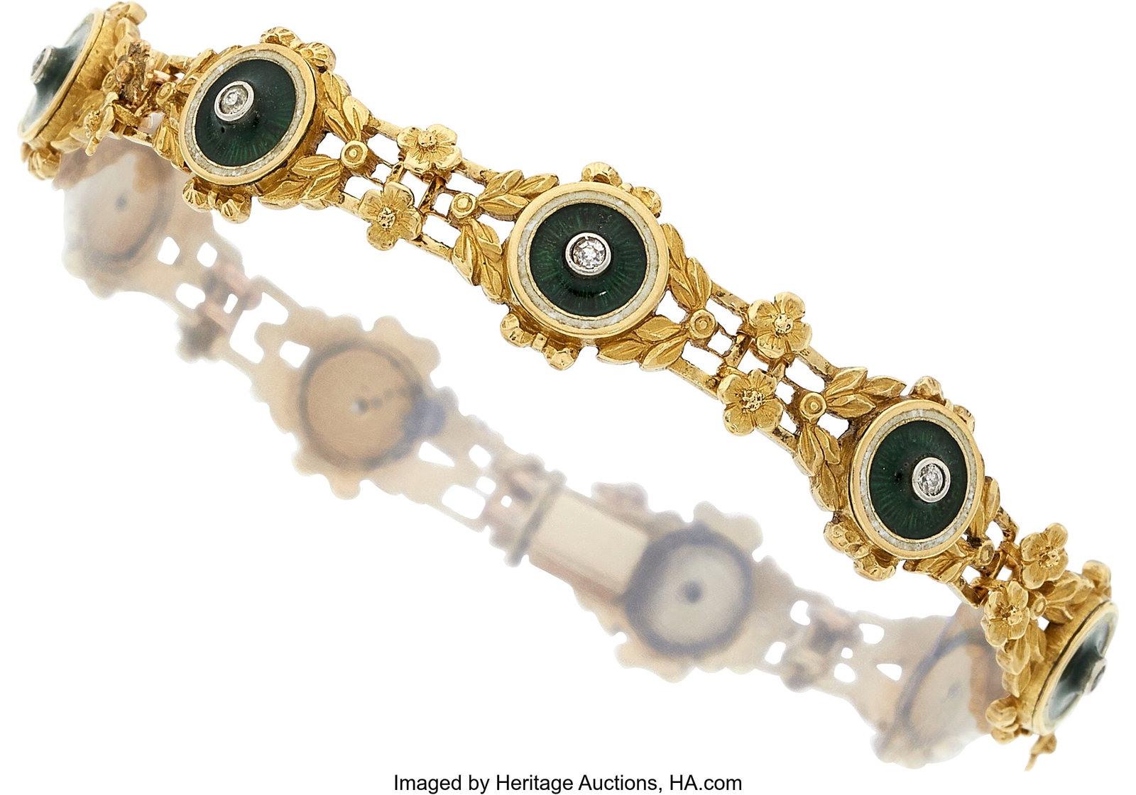 Antique Diamond, Guilloché Enamel, Gold Bracele: Antique Diamond, Guilloché Enamel, Gold Bracelet Stones: European-cut diamonds weighing a total of approximately 0.20 carat Element: Enamel Metal: 18k gold 