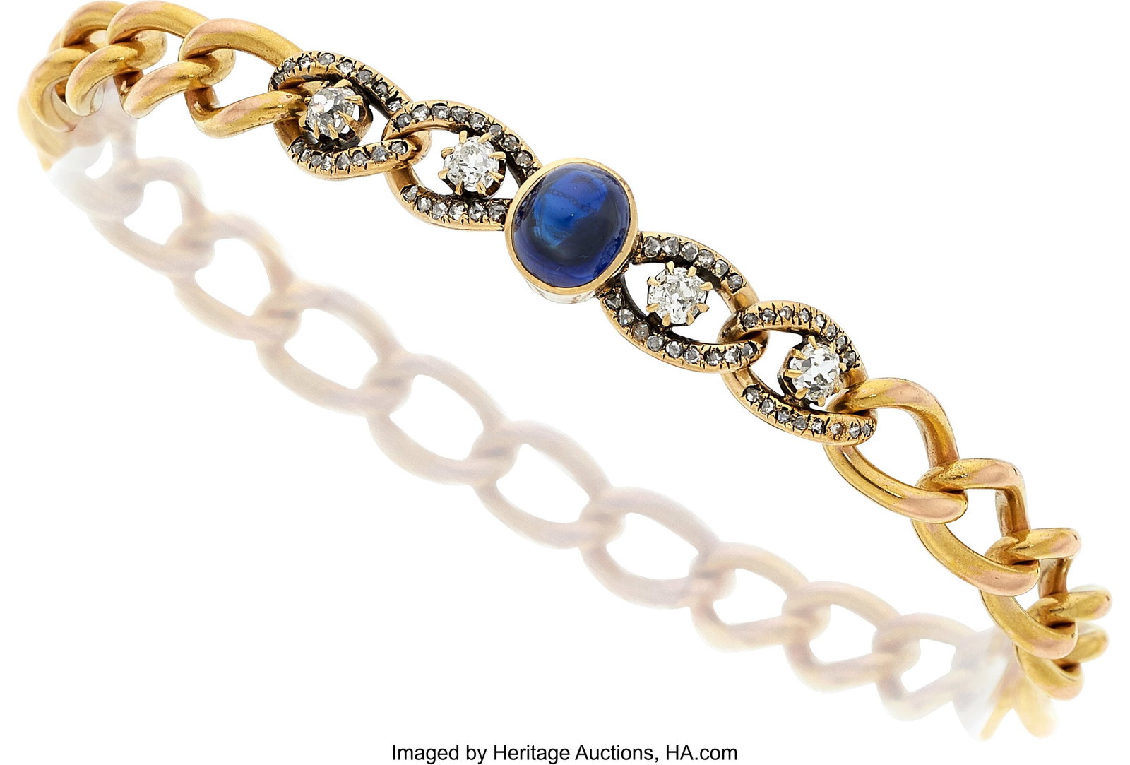 Victorian, Sapphire, Diamond, Gold Bracelet Sto: Victorian, Sapphire, Diamond, Gold Bracelet Stones: Sapphire cabochon; mine-cut diamonds weighing a total of approximately 0.55 carat; rose-cut diamonds Metal&
