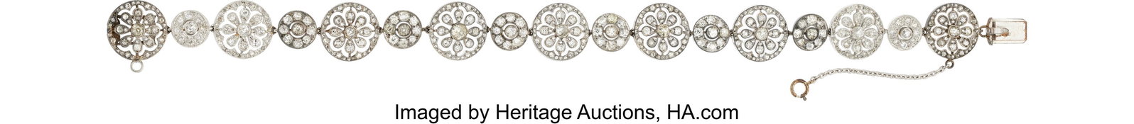 Diamond, Silver Bracelet Stones: European, mine: Diamond, Silver Bracelet Stones: European, mine, and cushion-shaped diamonds weighing a total of approximately 4.50 carats; single-cut diamonds weighing a total of 