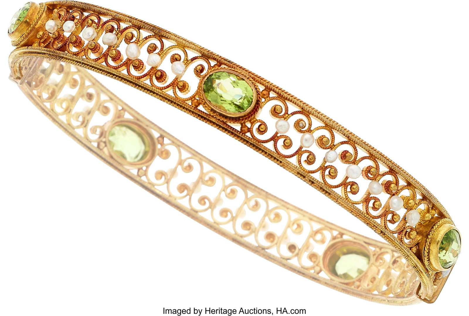 Antique Peridot, Seed Pearl, Gold Bracelet Sto: Antique Peridot, Seed Pearl, Gold Bracelet Stones: Oval-shaped peridot weighing a total of approximately 4.50 carats Pearls: Seed pearls measuring 1.00 mm - 2&per