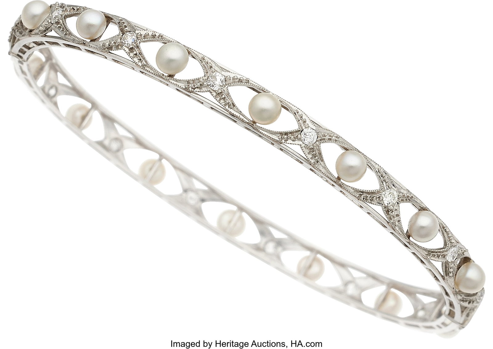 Edwardian Diamond, Cultured Pearl, Platinum, Gol: Edwardian Diamond, Cultured Pearl, Platinum, Gold Bracelet Stones: European-cut diamonds weighing a total of approximately 0.65 carat Pearls: Cultured pearls measu
