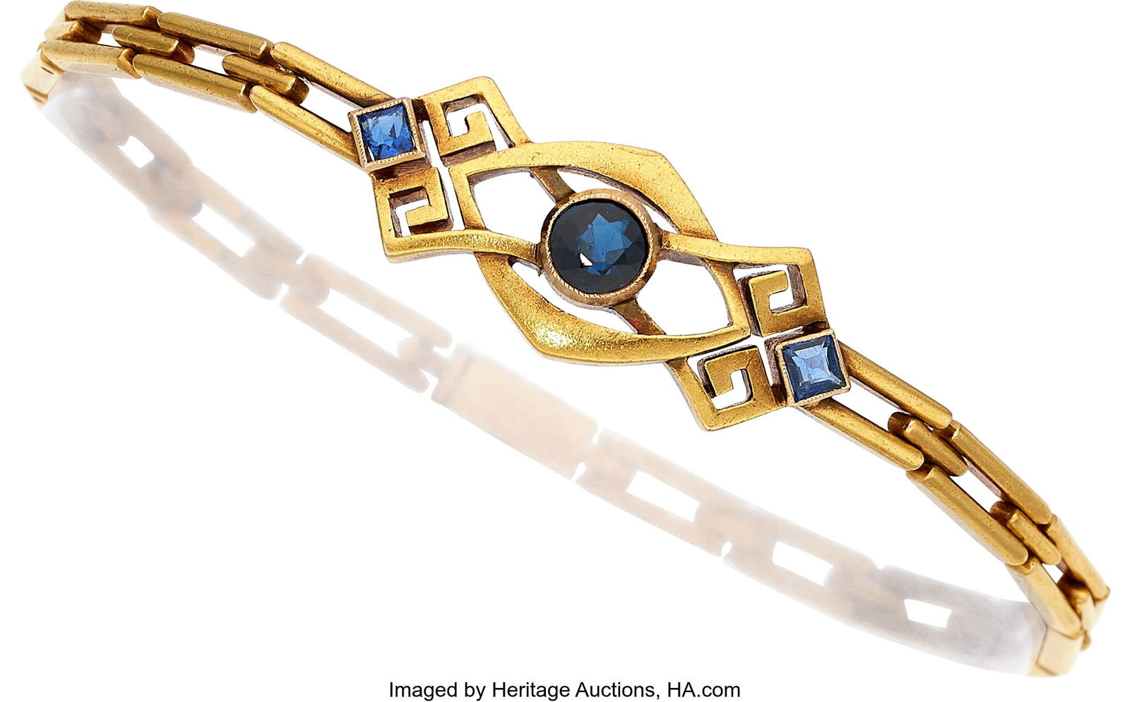 Antique Sapphire, Gold Bracelet Stones: Round-s: Antique Sapphire, Gold Bracelet Stones: Round-shaped sapphire weighing approximately 0.60 carat; square-shaped sapphires weighing a total of approximately 0.20 carat Met