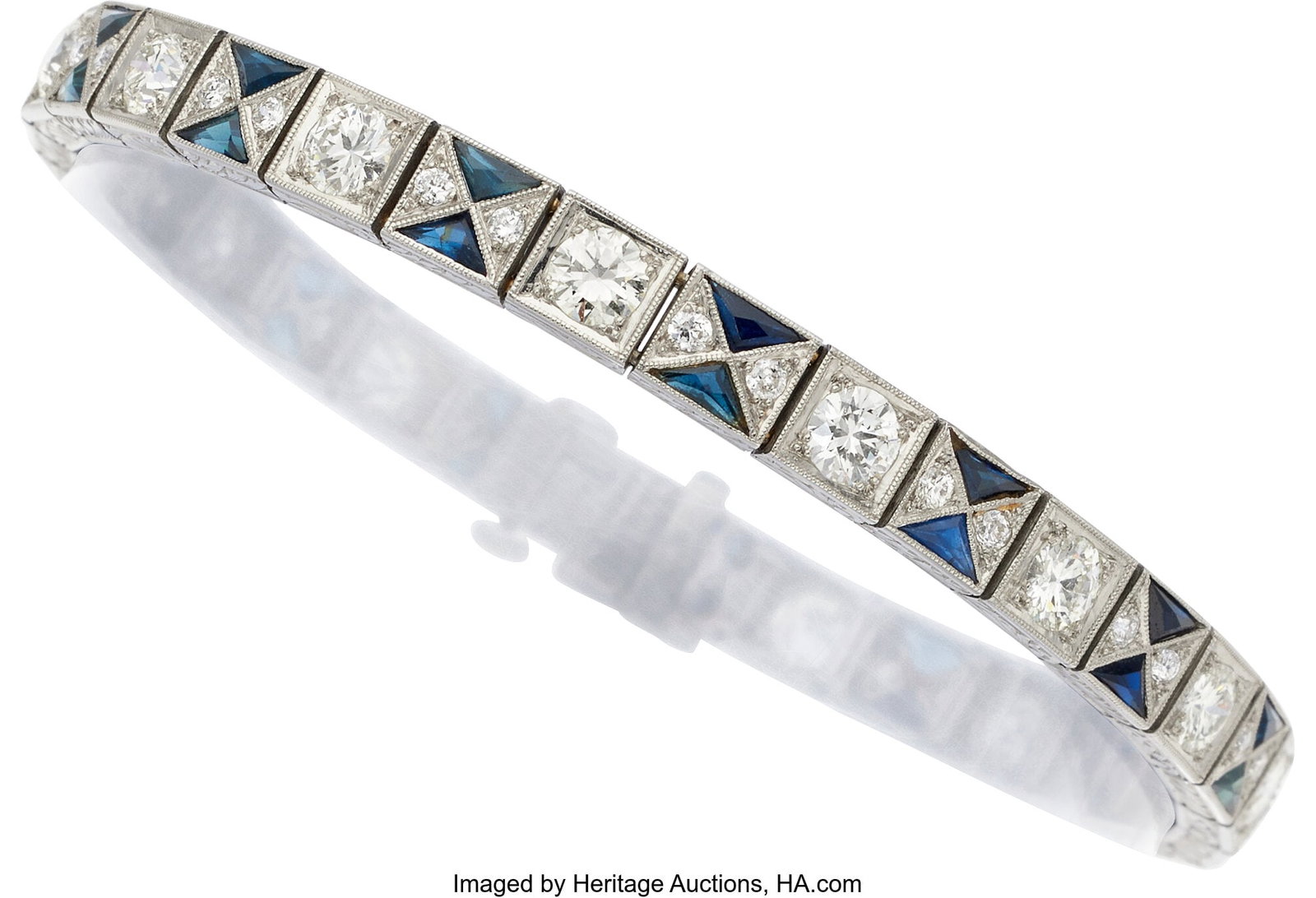 Art Deco Diamond, Synthetic Sapphire, Platinum, : Art Deco Diamond, Synthetic Sapphire, Platinum, White Gold Bracelet Stones: European and transitional-cut diamonds weighing a total of approximately 5.00 carats; ca