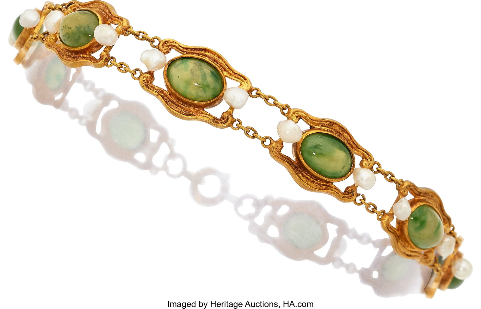Art Nouveau Nephrite Jade, Seed Pearl, Gold Brac: Art Nouveau Nephrite Jade, Seed Pearl, Gold Bracelet Stones: Nephrite jade cabochons Pearls: Seed pearls measuring 2.50 mm - 3.50 mm Metal: 14k gold Gross W