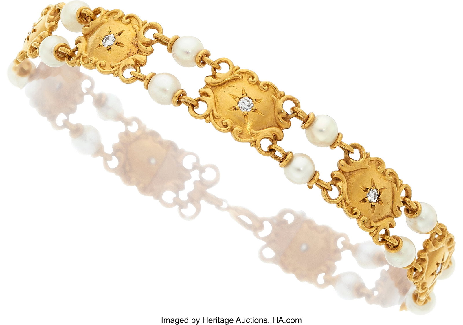 Diamond, Cultured Pearl, Gold Bracelet Stones: : Diamond, Cultured Pearl, Gold Bracelet Stones: Full-cut diamonds weighing a total of approximately 0.50 carat Pearls: Cultured pearls measuring 4.50 mm - 5&period