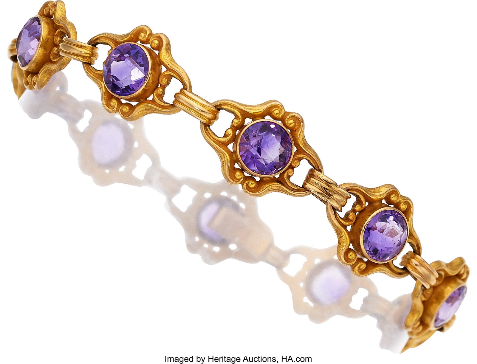 Art Nouveau Amethyst, Gold Bracelet Stones: Rou: Art Nouveau Amethyst, Gold Bracelet Stones: Round-shaped amethyst Metal: 14k gold Gross Weight: 14.80 grams Dimensions: 7-1/2 inches x 7/16 inch Property o