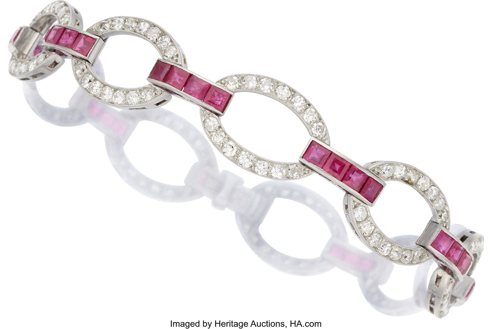 Art Deco Diamond, Ruby, Platinum Bracelet Ston: Art Deco Diamond, Ruby, Platinum Bracelet Stones: Transitional and single-cut diamonds weighing a total of approximately 4.50 carats; calibré-cut rubies Metal&colo