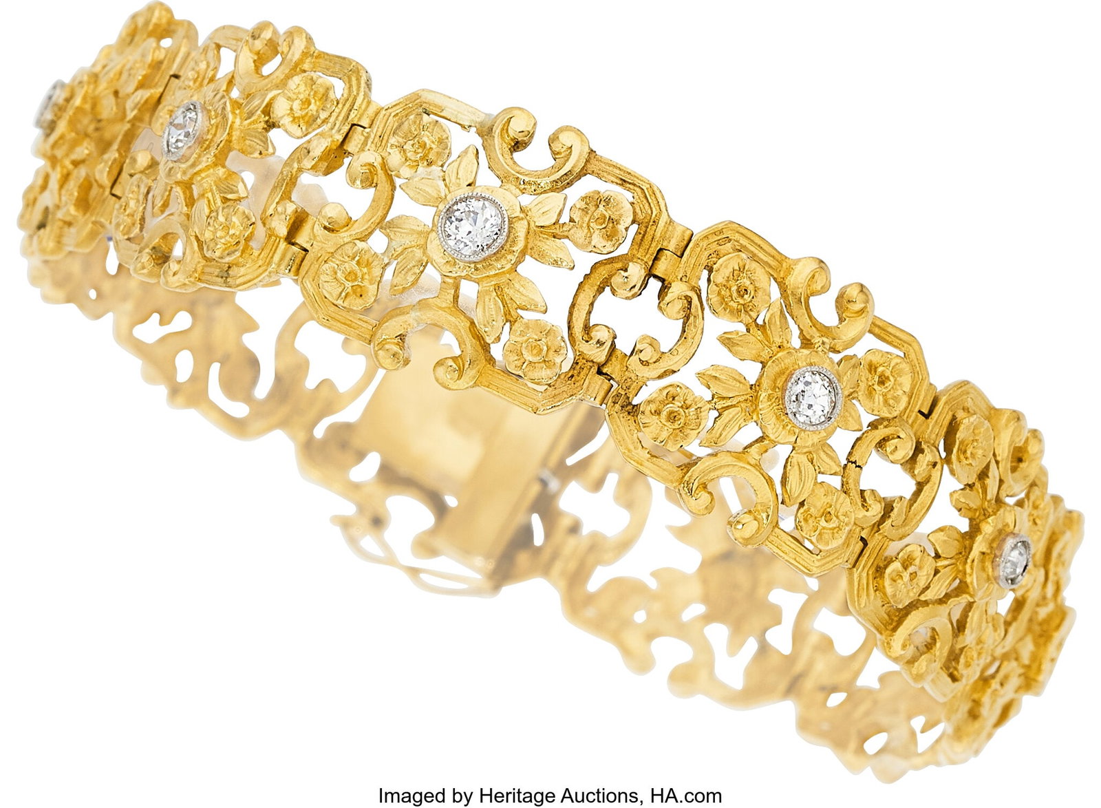 Antique Diamond, Platinum, Gold Bracelet Stones: Antique Diamond, Platinum, Gold Bracelet Stones: European-cut diamonds weighing a total of approximately 0.65 carat Metal: Platinum and 18k gold Gross Weight: 36&p