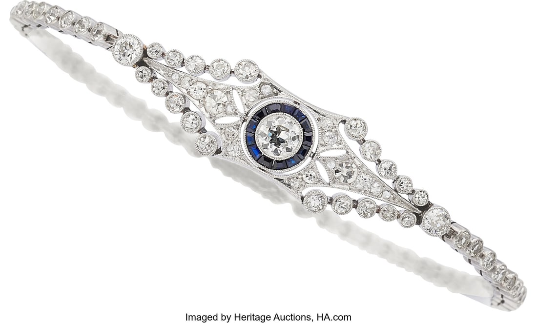 Art Deco Diamond, Synthetic Sapphire, Platinum B: Art Deco Diamond, Synthetic Sapphire, Platinum Bracelet Stones: European-cut diamonds weighing a total of approximately 0.45 carat; calibré-cut synthetic sapphires