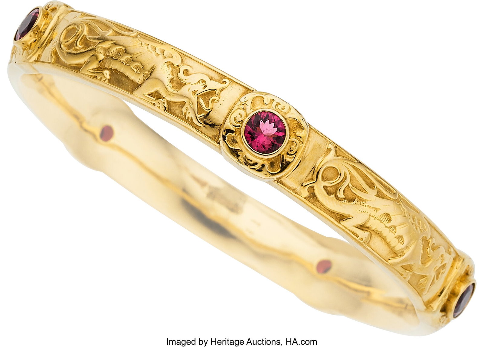 Riker Bros. Art Nouveau Tourmaline, Gold Bracele: Riker Bros. Art Nouveau Tourmaline, Gold Bracelet Stones: Round-shaped tourmaline weighing a total of approximately 3.50 carats Metal: 14k gold Marked: for Riker 