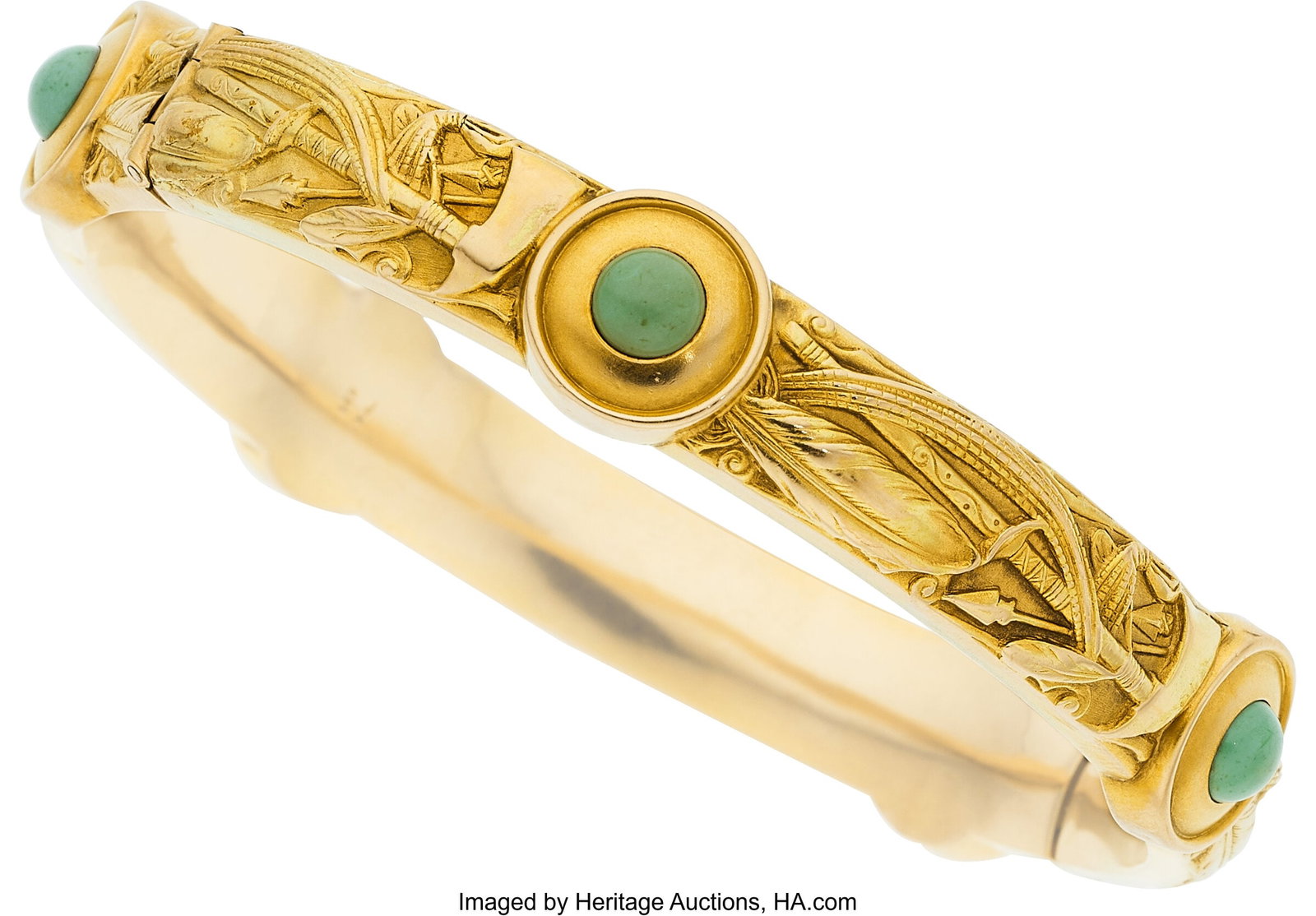 Riker Bros. Art Nouveau Turquoise, Gold Bracelet: Riker Bros. Art Nouveau Turquoise, Gold Bracelet Stones: Turquoise cabochons Metal: 14k gold Marked: Riker Bros. Gross Weight: 24.00 grams Dimensions