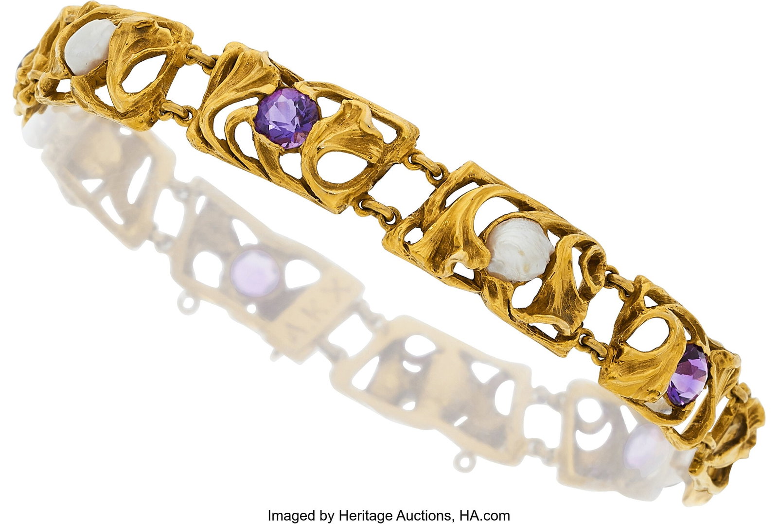 Art Nouveau Amethyst, Freshwater Cultured Pearl,: Art Nouveau Amethyst, Freshwater Cultured Pearl, Gold Bracelet Stones: Round-shaped amethyst Pearls: Freshwater cultured pearl measuring 5.00 - 6.00 mm Metal&colo