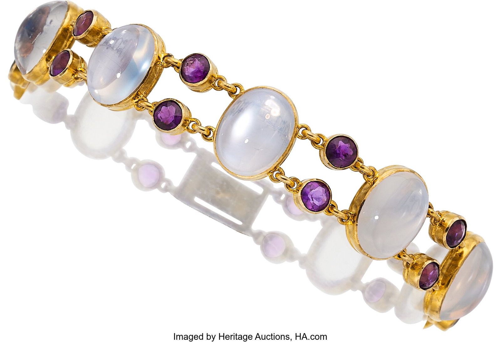Antique Moonstone, Amethyst, Gold Bracelet Ston: Antique Moonstone, Amethyst, Gold Bracelet Stones: Moonstone cabochon; round-shaped amethyst Metal: 10k gold Gross Weight: 15.30 grams Dimensions: 7-1&s