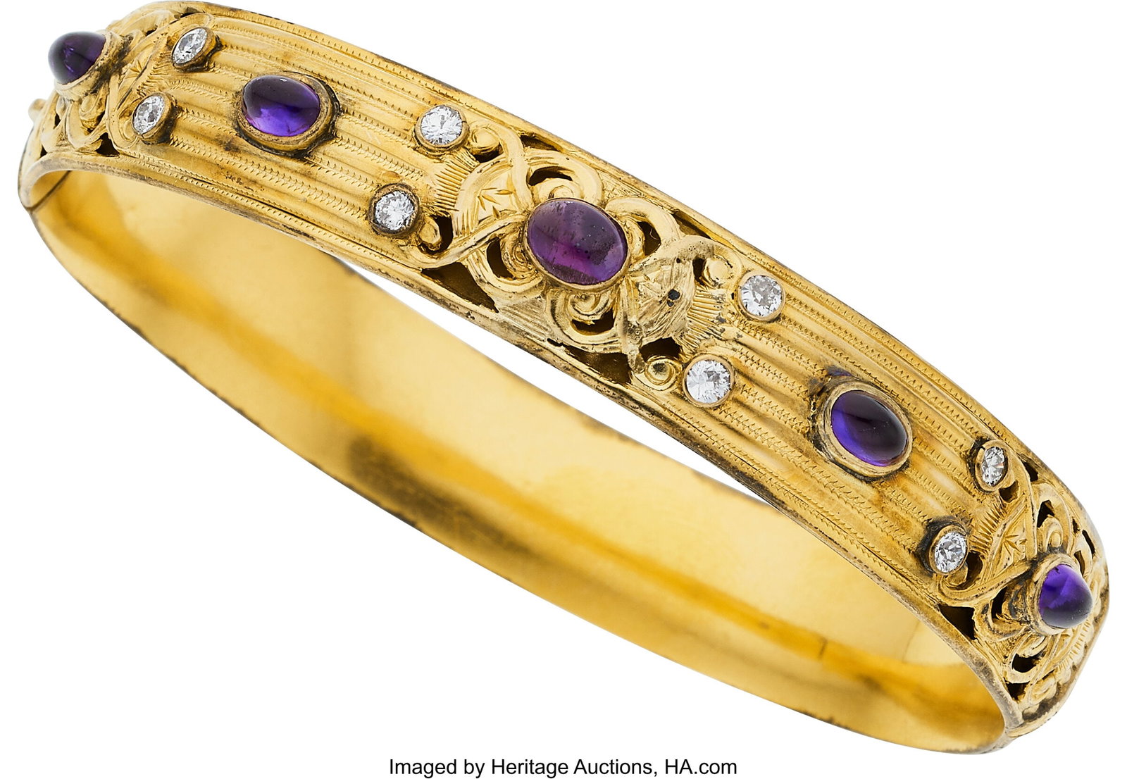 Antique Amethyst, Diamond, Gold Bracelet Stones: Antique Amethyst, Diamond, Gold Bracelet Stones: Amethyst cabochons; European-cut diamonds weighing a total of approximately 0.65 carat Metal: 18k gold Gross Weight