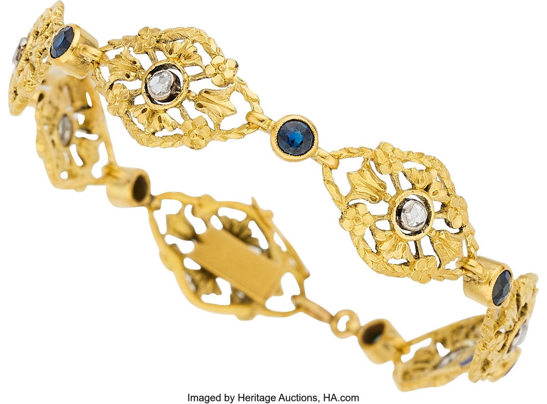 Art Nouveau Sapphire, Diamond, Gold Bracelet, Fr: Art Nouveau Sapphire, Diamond, Gold Bracelet, French Stones: Round-shaped sapphires weighing a total of approximately 1.35 carats; rose-cut diamonds Metal: 18