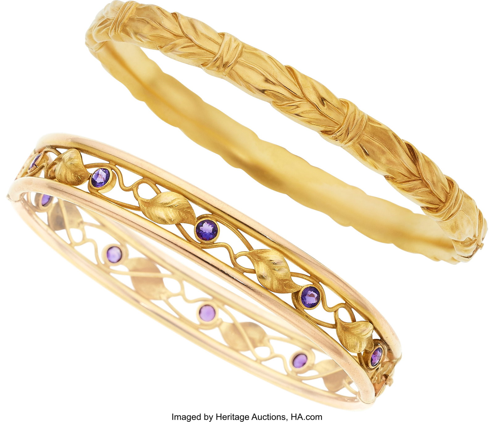 Antique Amethyst, Gold Bracelets Stones: Round-: Antique Amethyst, Gold Bracelets Stones: Round-shaped amethyst Metal: 14k gold Marked: for Riker Bros. (gold only bracelet) Gross Weight: 33.30 gr