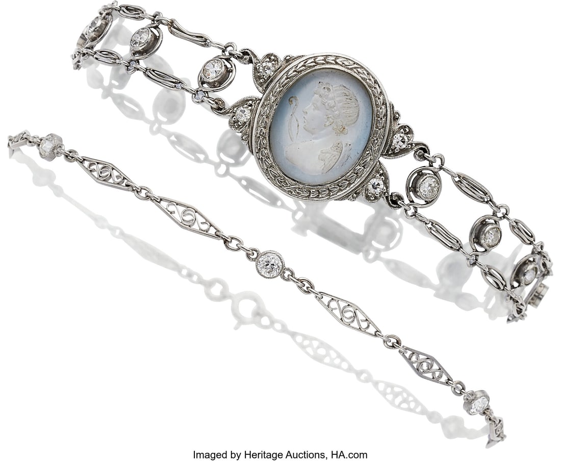 Edwardian Diamond, Moonstone Intaglio, Platinum,: Edwardian Diamond, Moonstone Intaglio, Platinum, White Gold Bracelets Stones: Moonstone intaglio; European-cut diamonds weighing a total of approximately 1.00 carat
