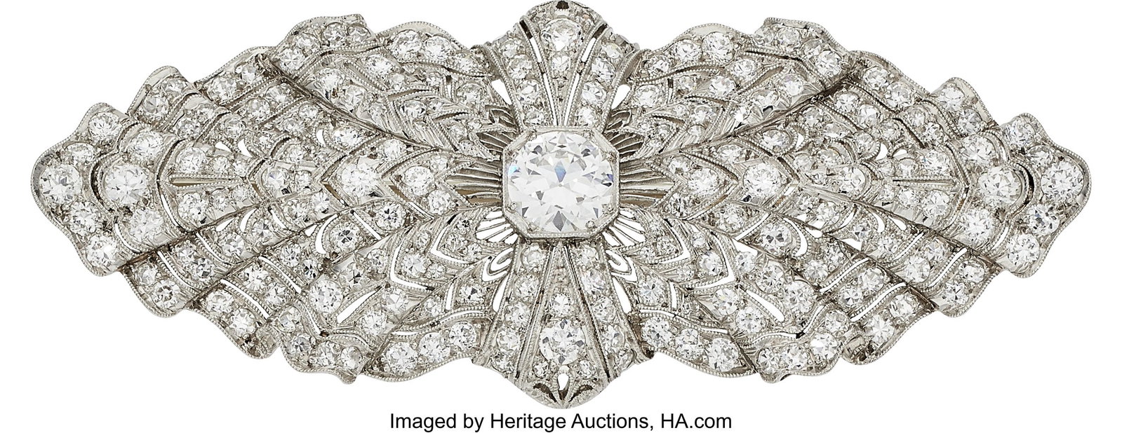 Art Deco Diamond, Platinum Brooch Stones: Europ: Art Deco Diamond, Platinum Brooch Stones: European-cut diamond weighing approximately 0.95 carat; European and single-cut diamonds weighing a total of approximately 3.45