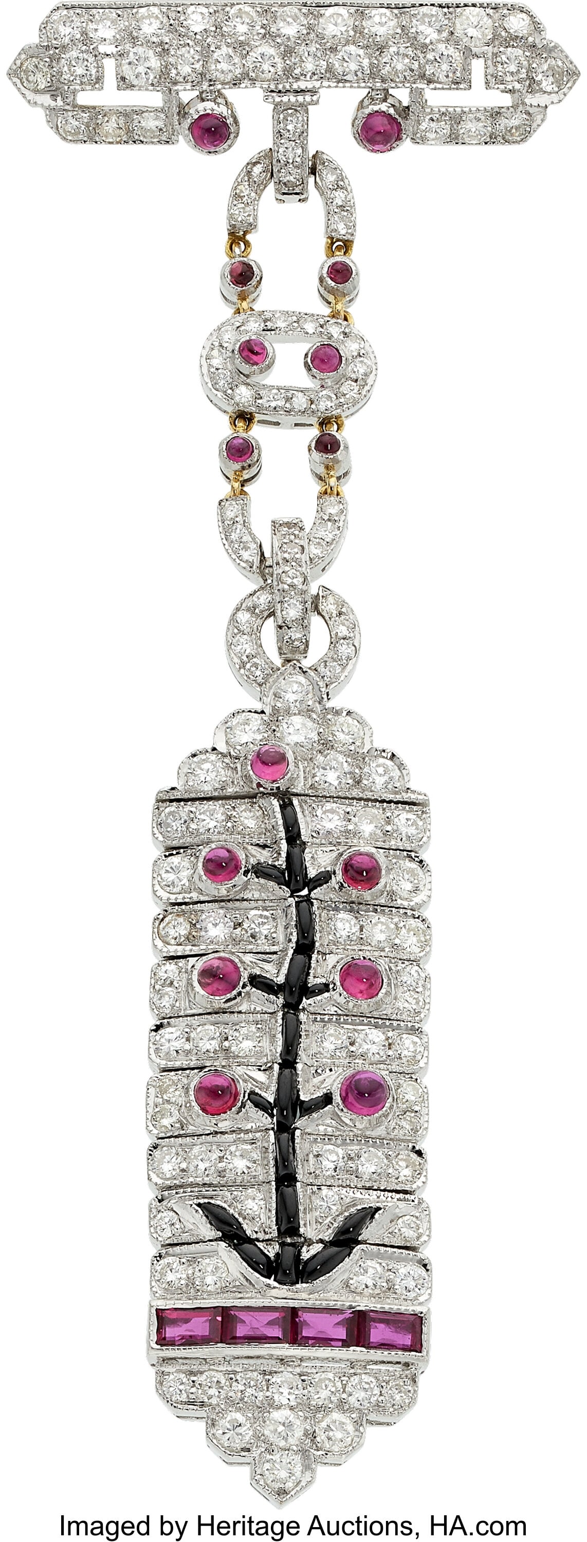 ZAR Diamond, Ruby, Black Onyx, Gold Brooch Ston: ZAR Diamond, Ruby, Black Onyx, Gold Brooch Stones: Full-cut diamonds weighing a total of approximately 2.25 carats; rectangular-shaped rubies weighing a total of ap